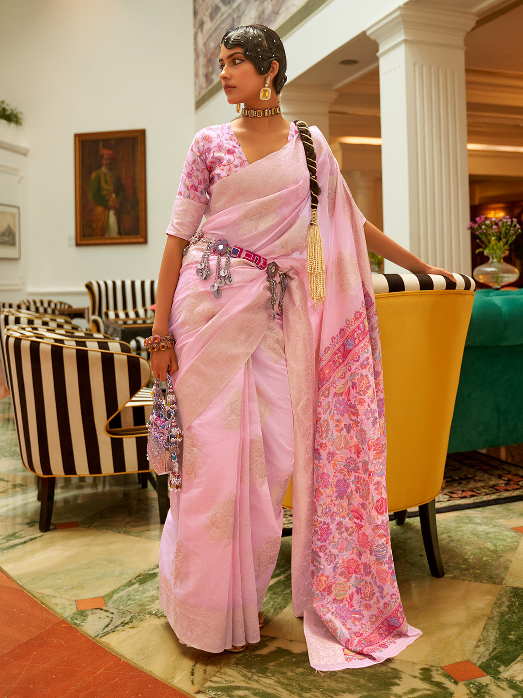 PINK MODAL KASHMIRI PALLU AND BLOUSE HANDLOOM WEAVING SAREE
