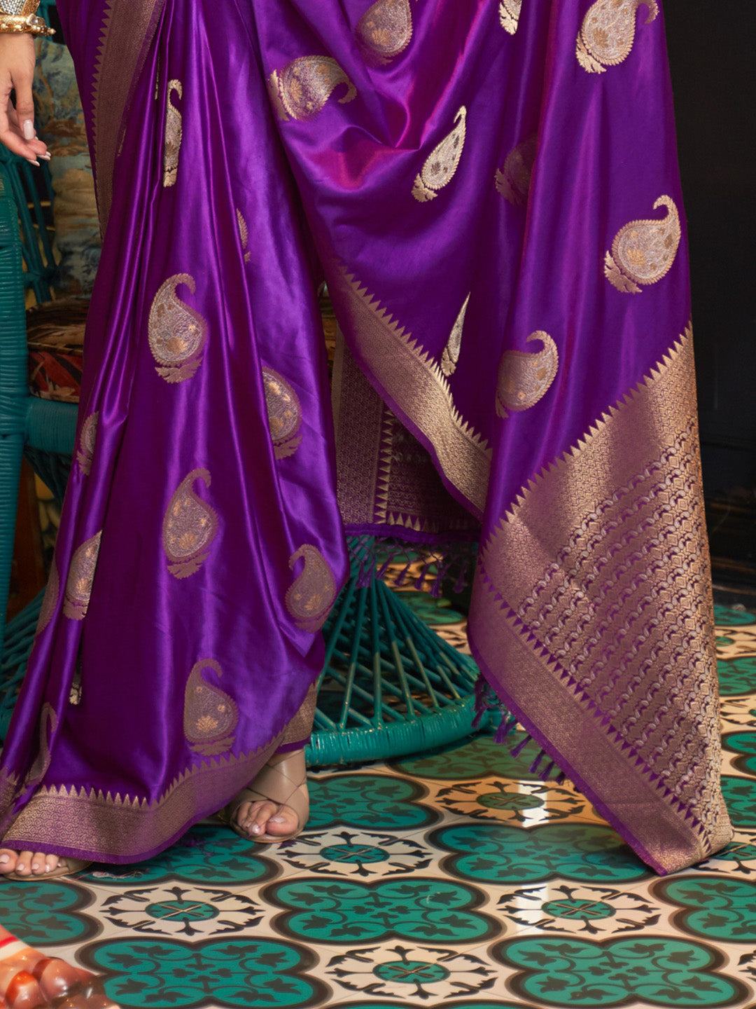 Wine Purple Satin Silk Saree