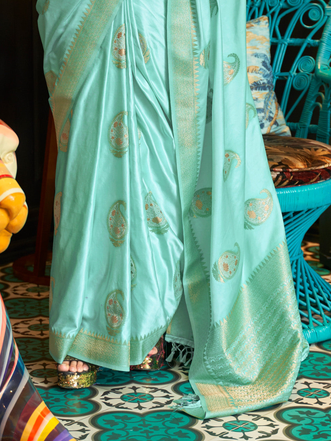 Sky Blue Satin Silk Saree