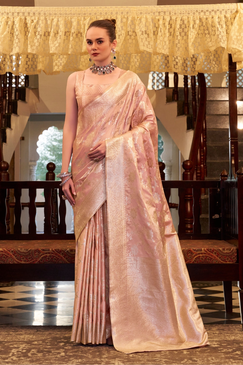Peach Soft Sattin Silk Saree