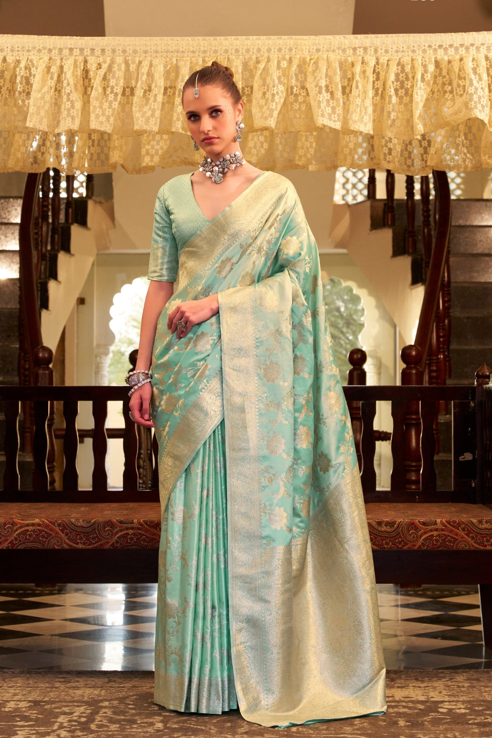 Sea Green Soft Sattin Silk Saree