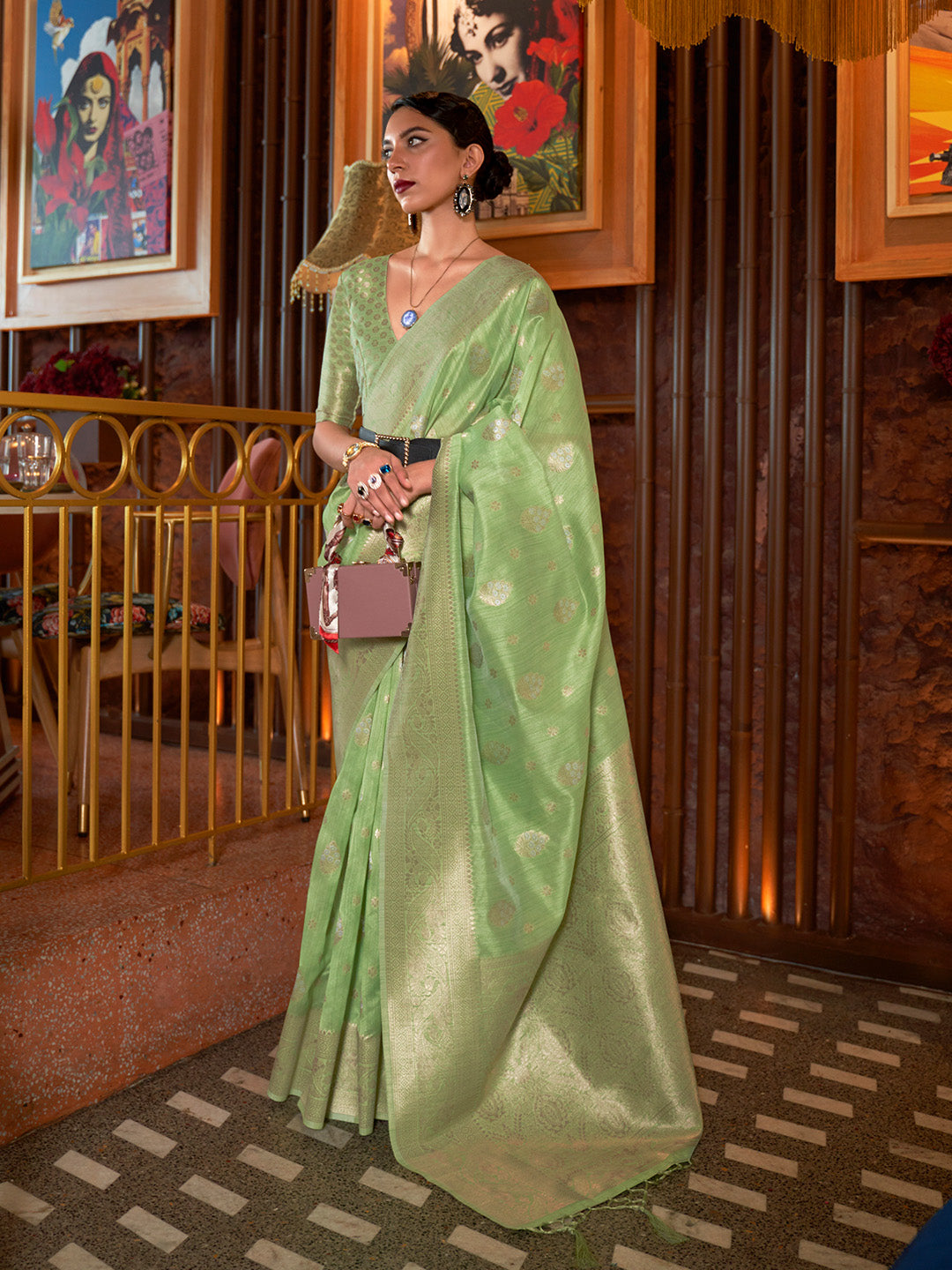 Lime Green Tessar Silk Handloom Weaving Saree