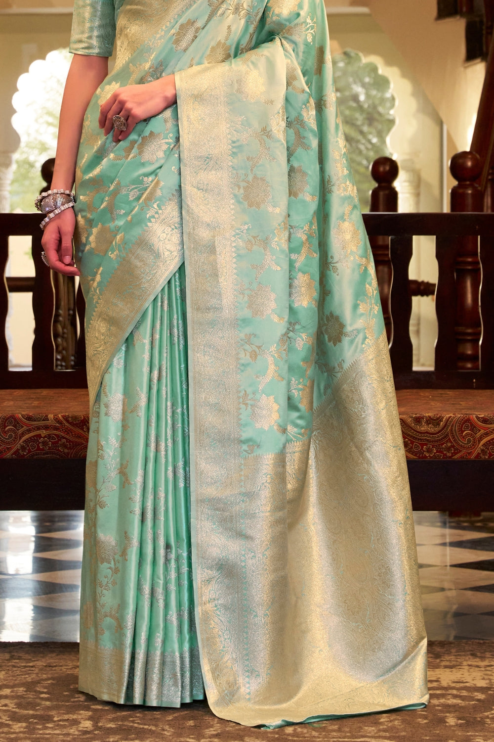 Sea Green Soft Sattin Silk Saree