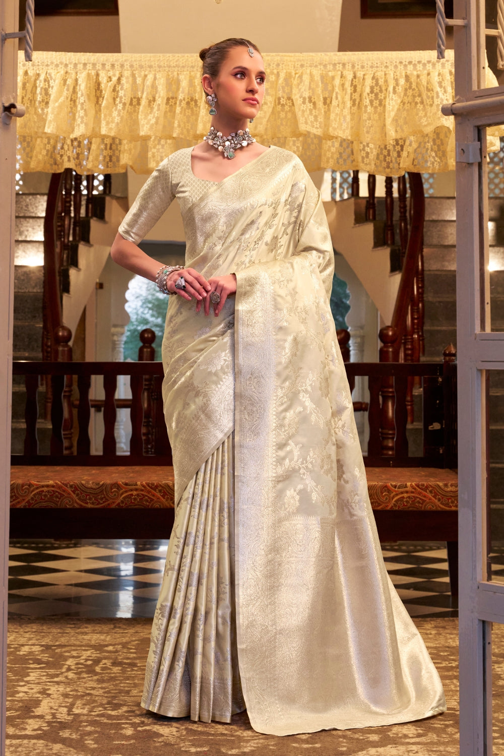 Off White Soft Sattin Silk Saree
