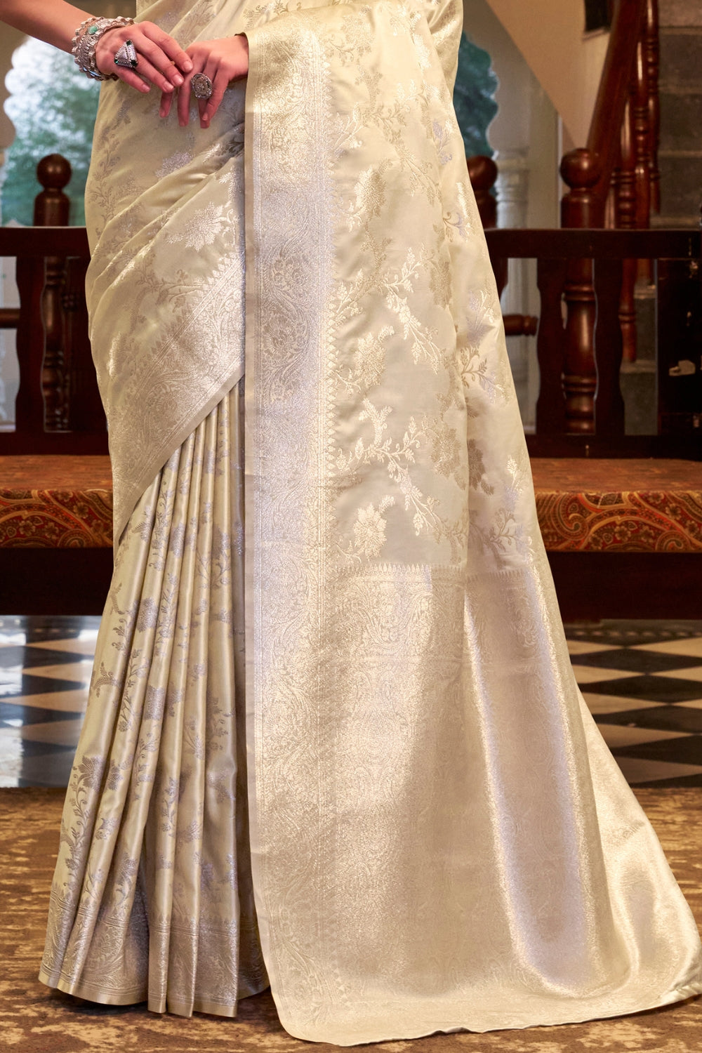 Off White Soft Sattin Silk Saree