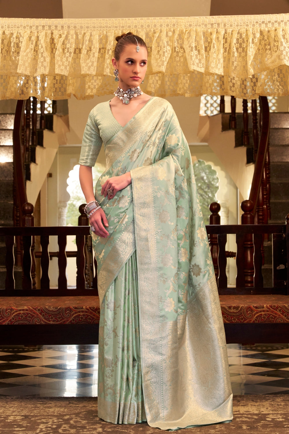 Pista Soft Sattin Silk Saree