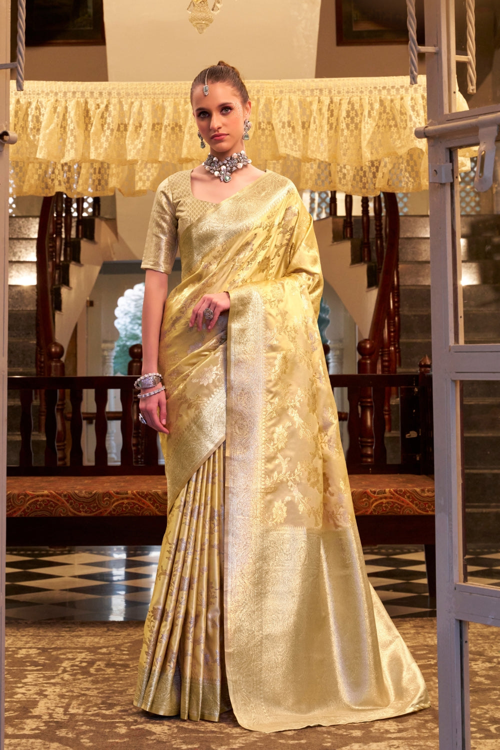 Yellow Soft Sattin Silk Saree
