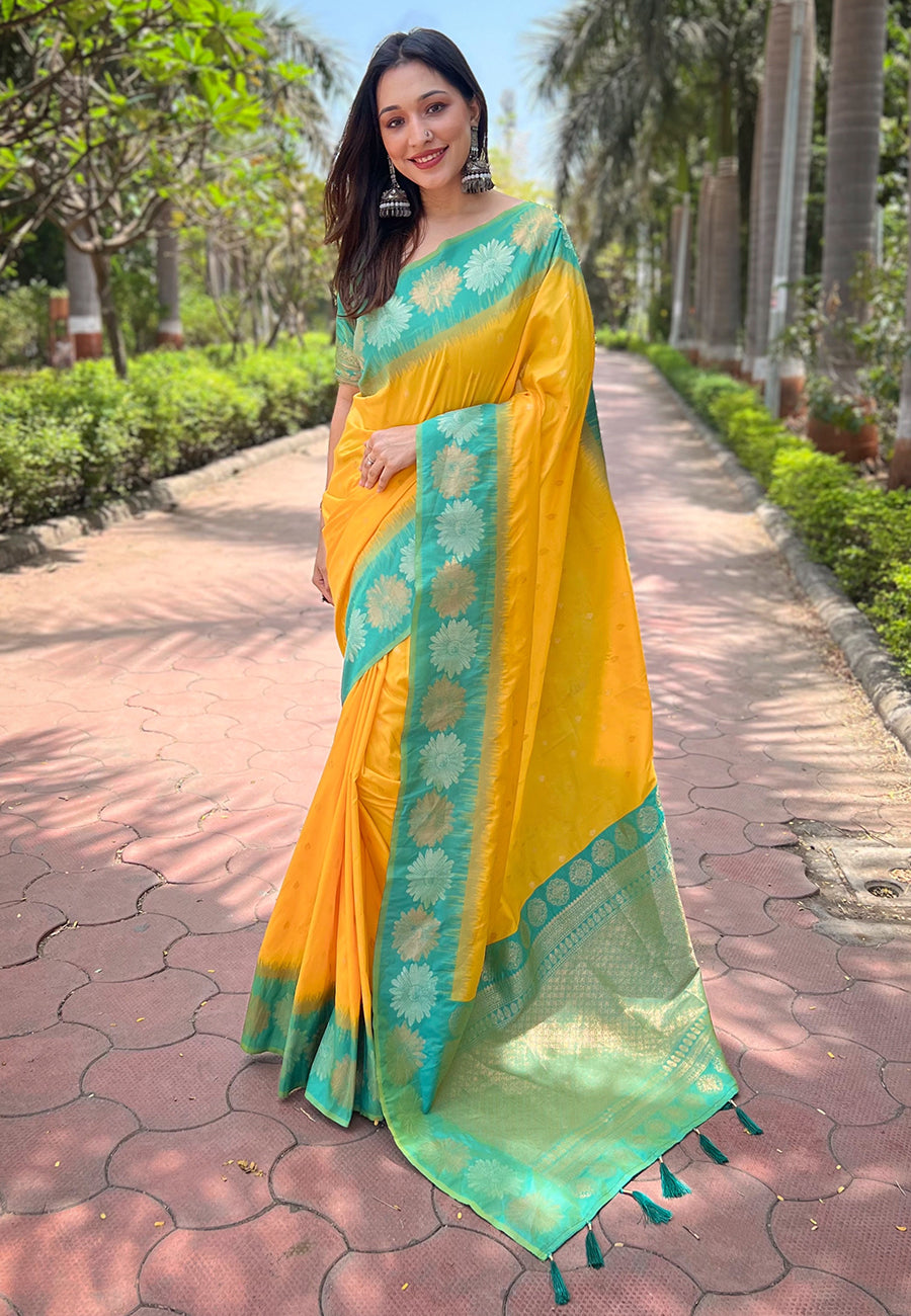 Yellow Soft Silk Floral Saree