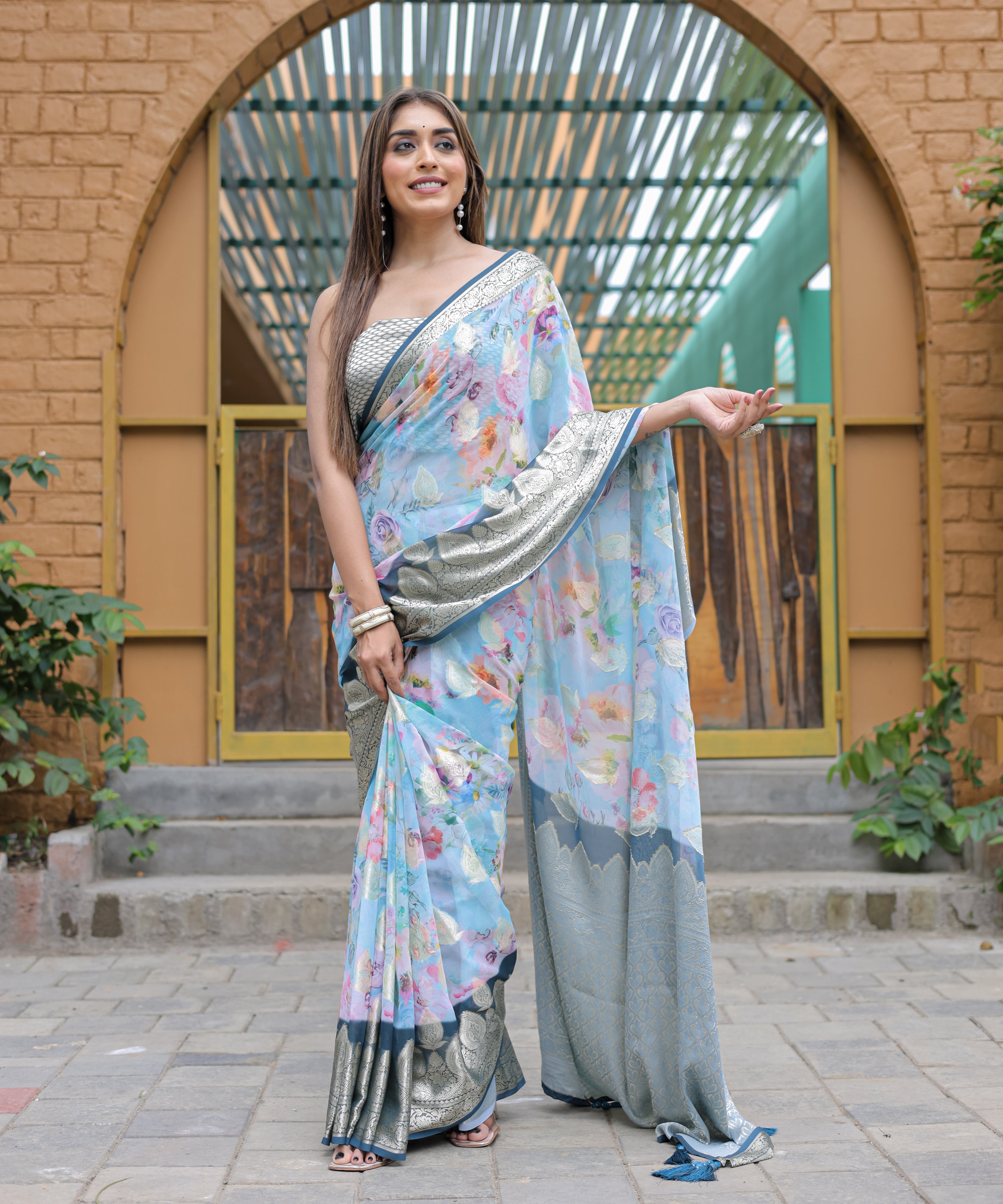 BLUE Georgette Saree With Georgette Blouse