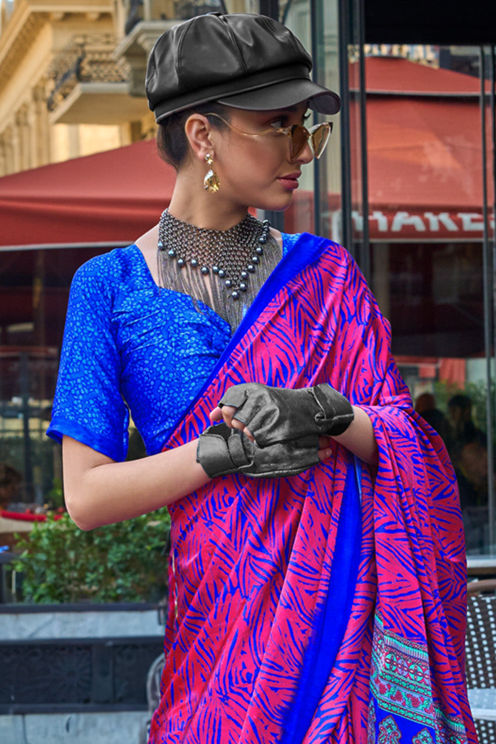 Pink & Blue Satin Silk Saree