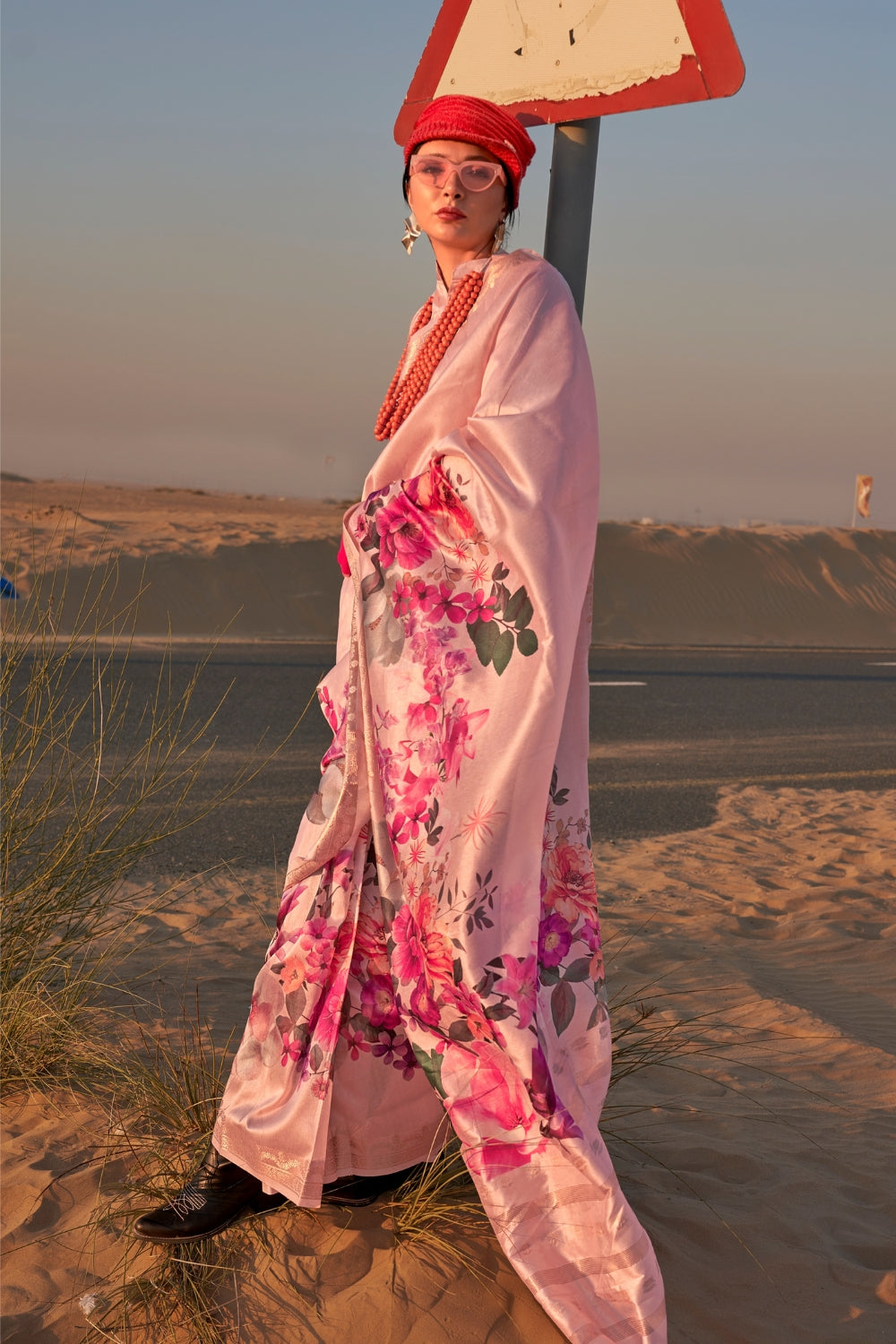 Lace Pink Printed Tussar Saree