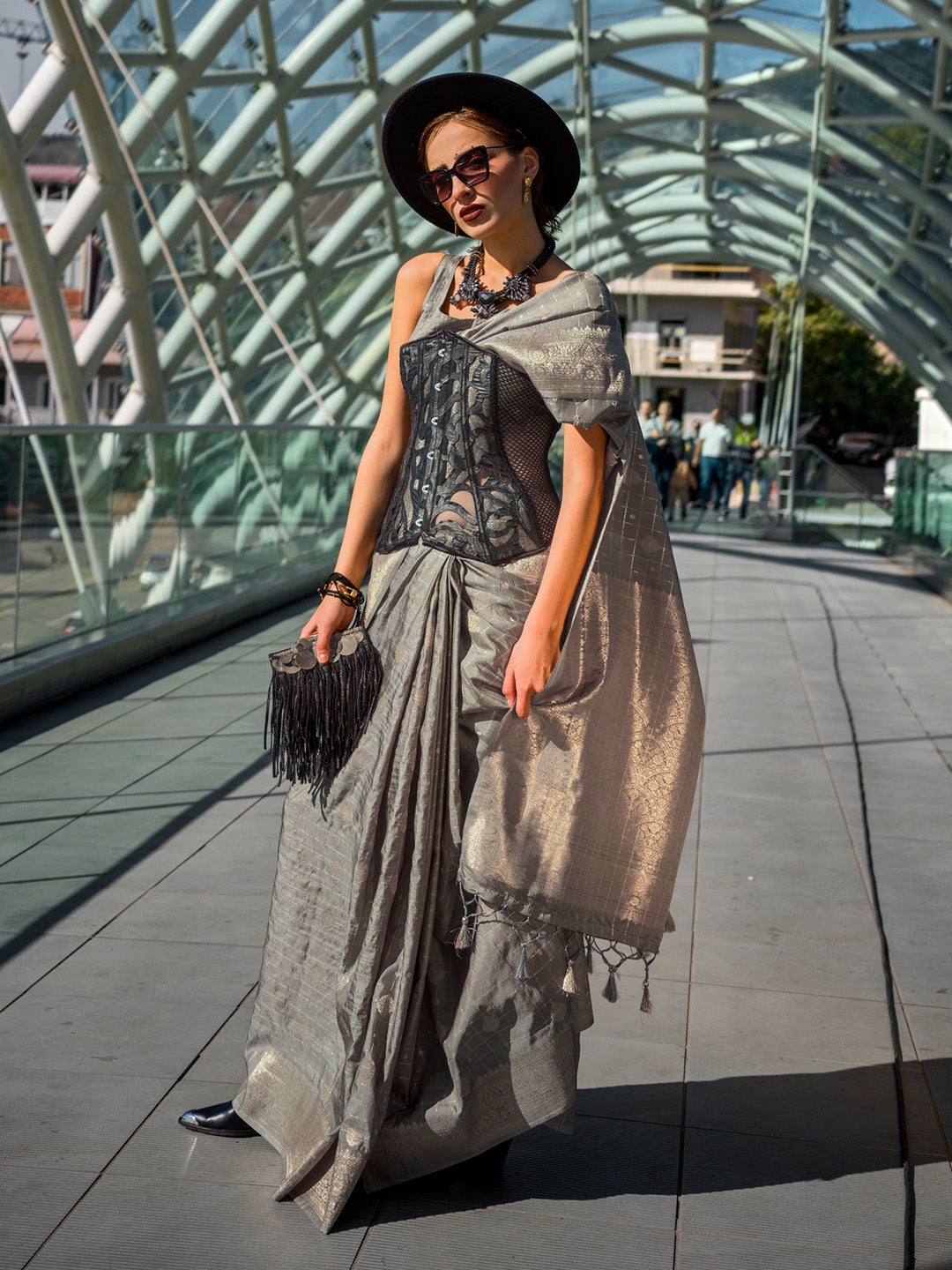 Grey Katan Silk Saree