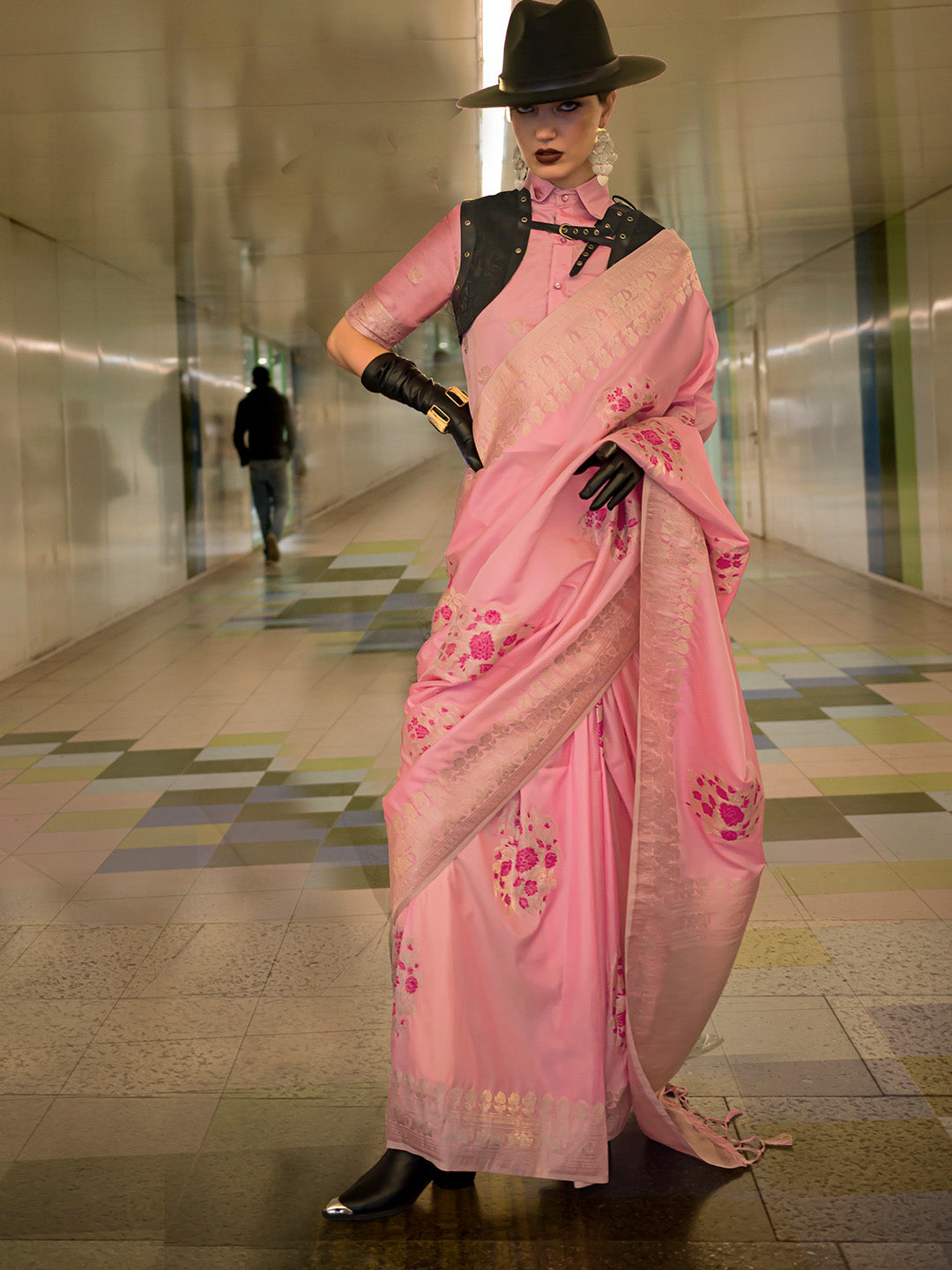 Pink Katan Silk Saree