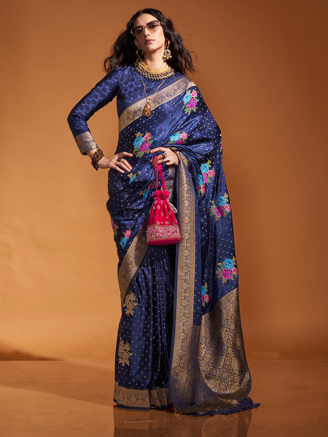 Navy Blue Pure Satin Silk Saree