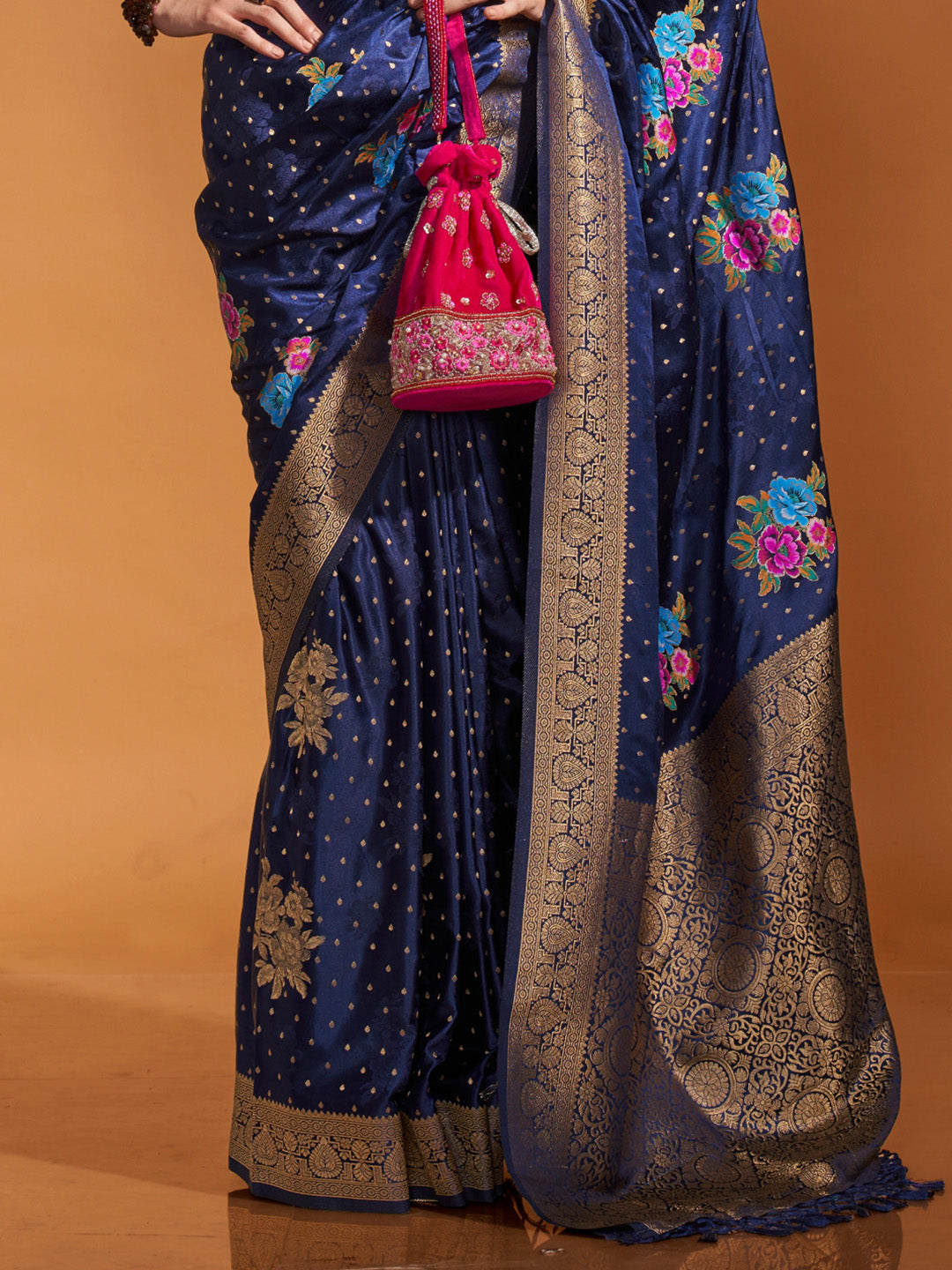 Navy Blue Pure Satin Silk Saree