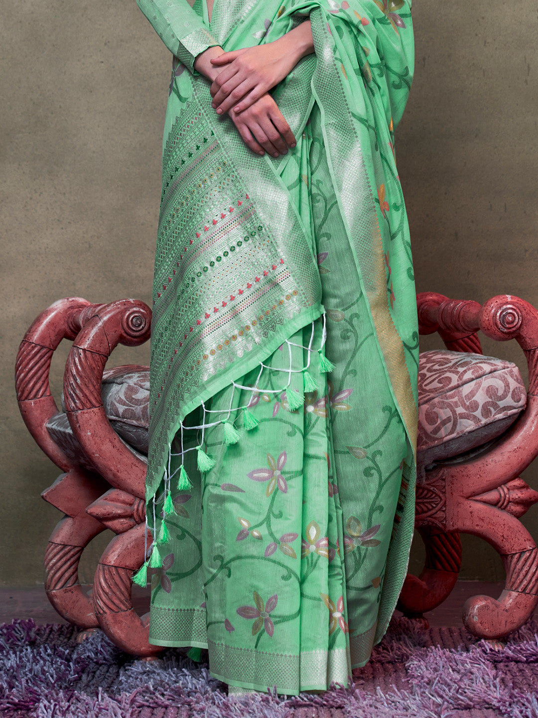 Mint Green Jamdani Cotton Saree