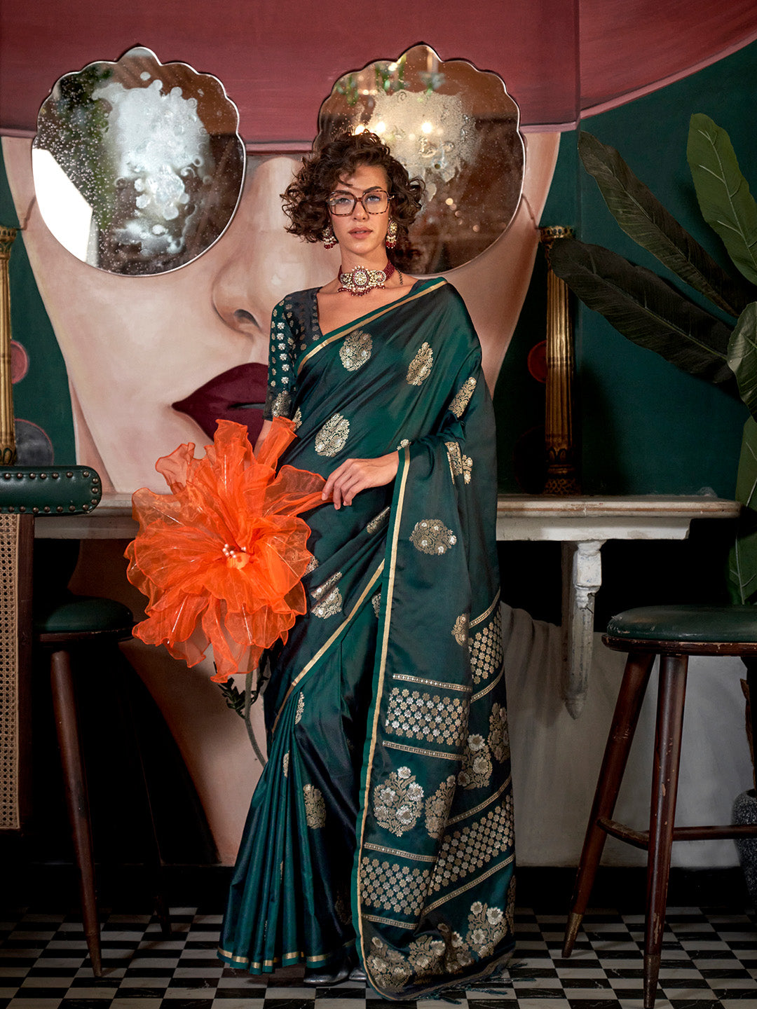 Dark Green Pure Satin Saree