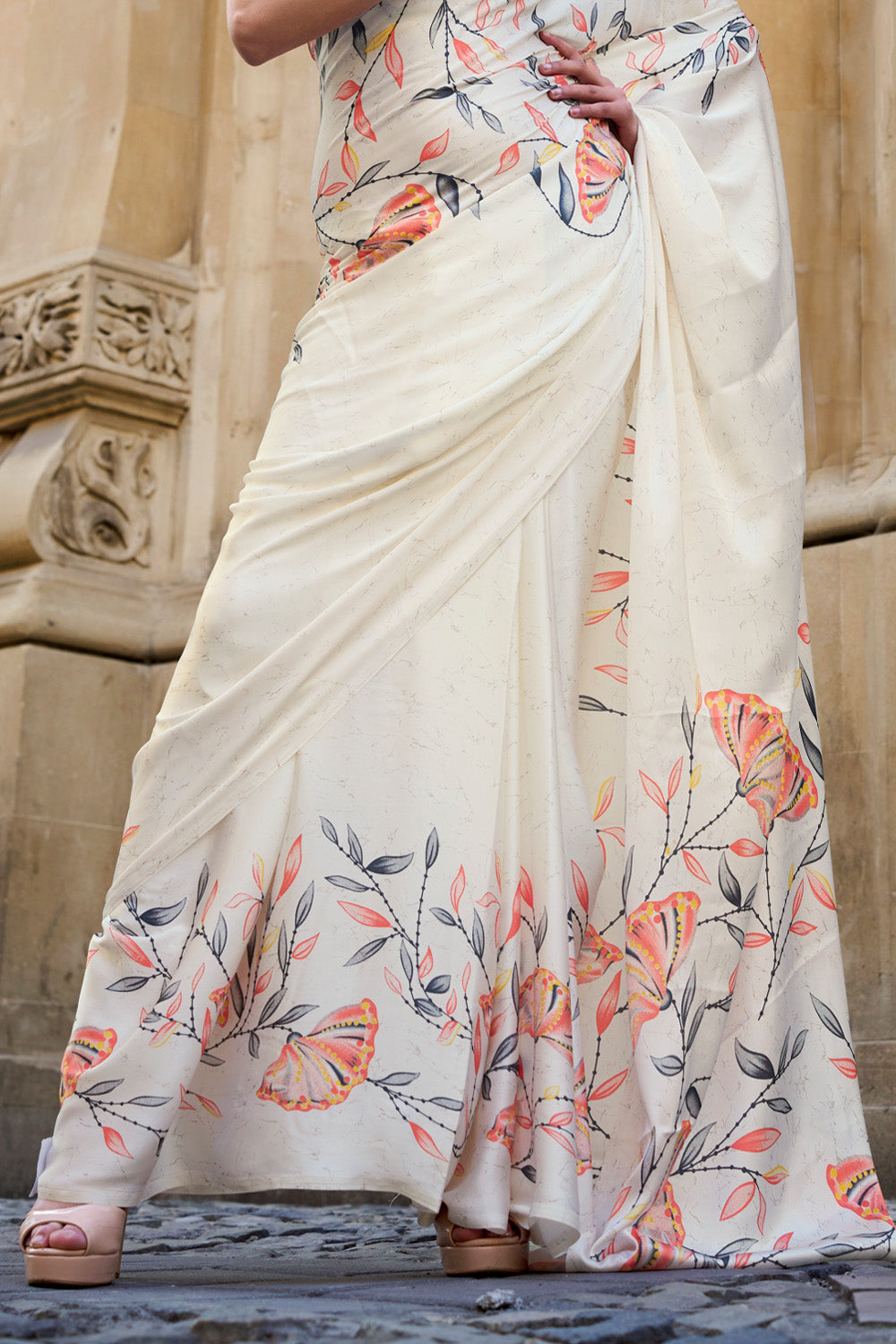 Cream Satin Silk Saree