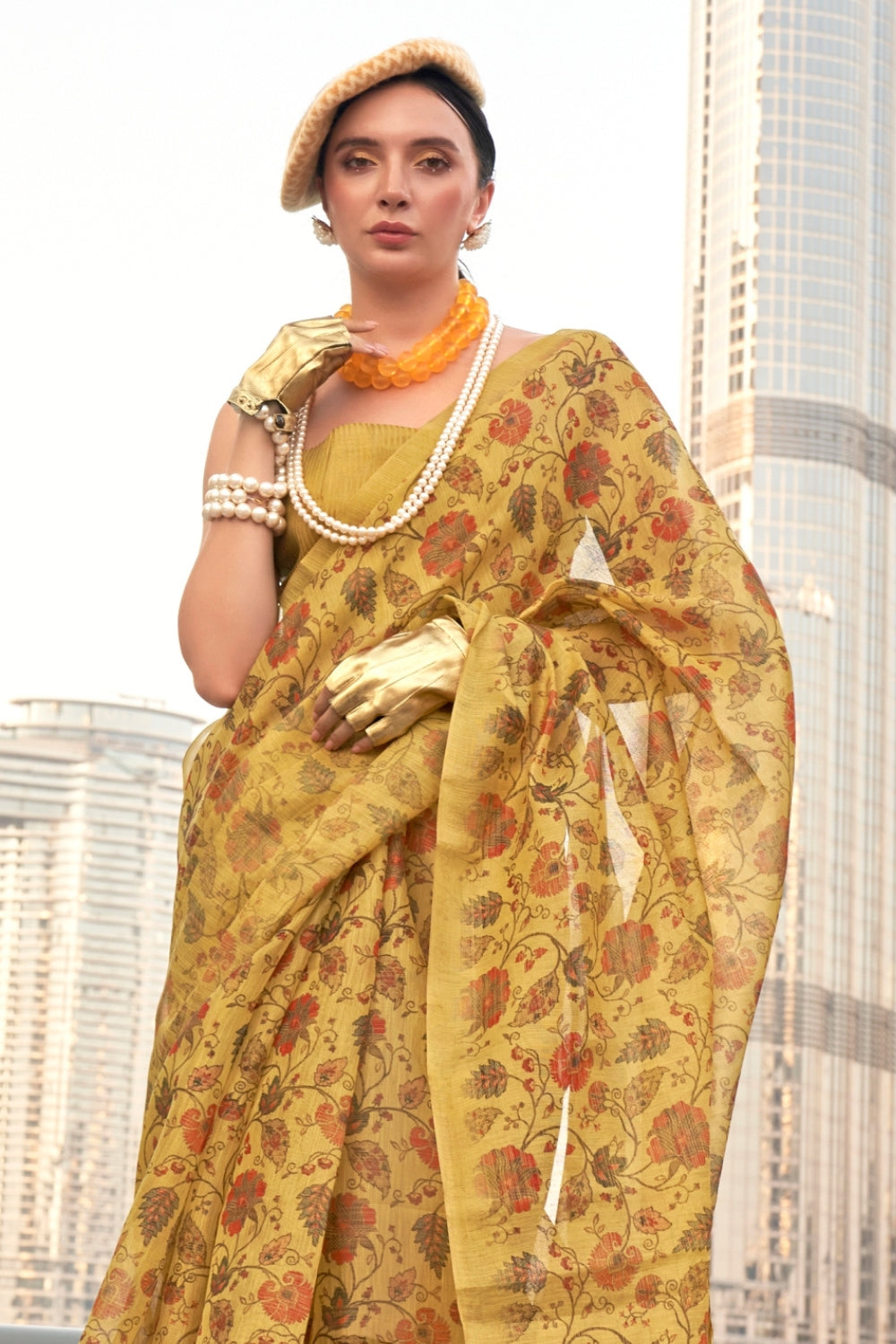 Mango Yellow Printed Tissue Saree