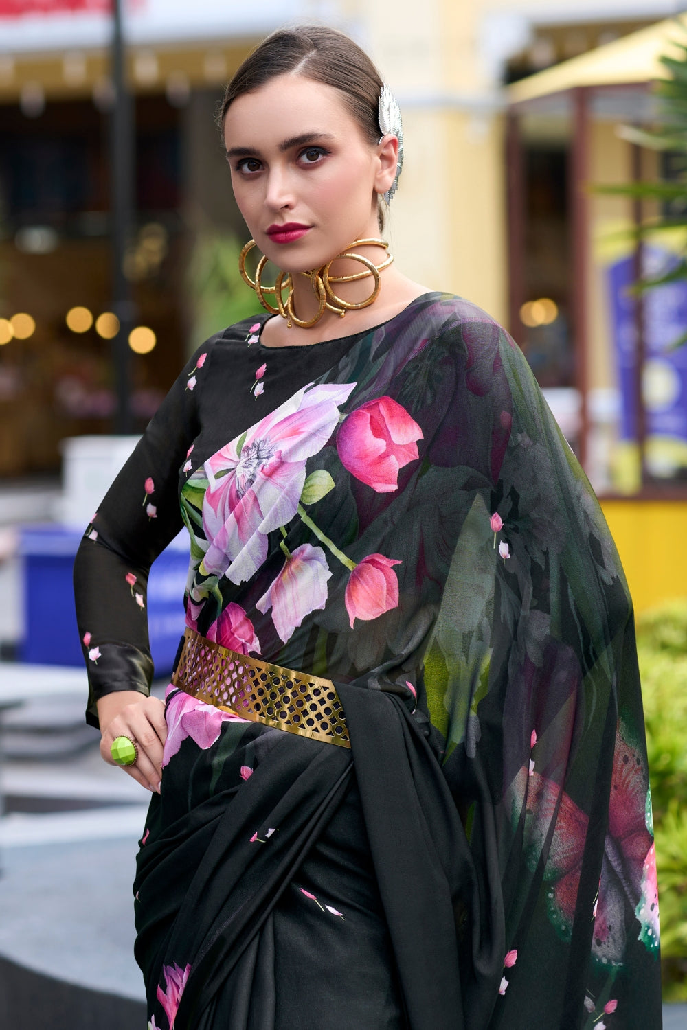 Black Pure Georgette Saree With Exclusive Print Saree