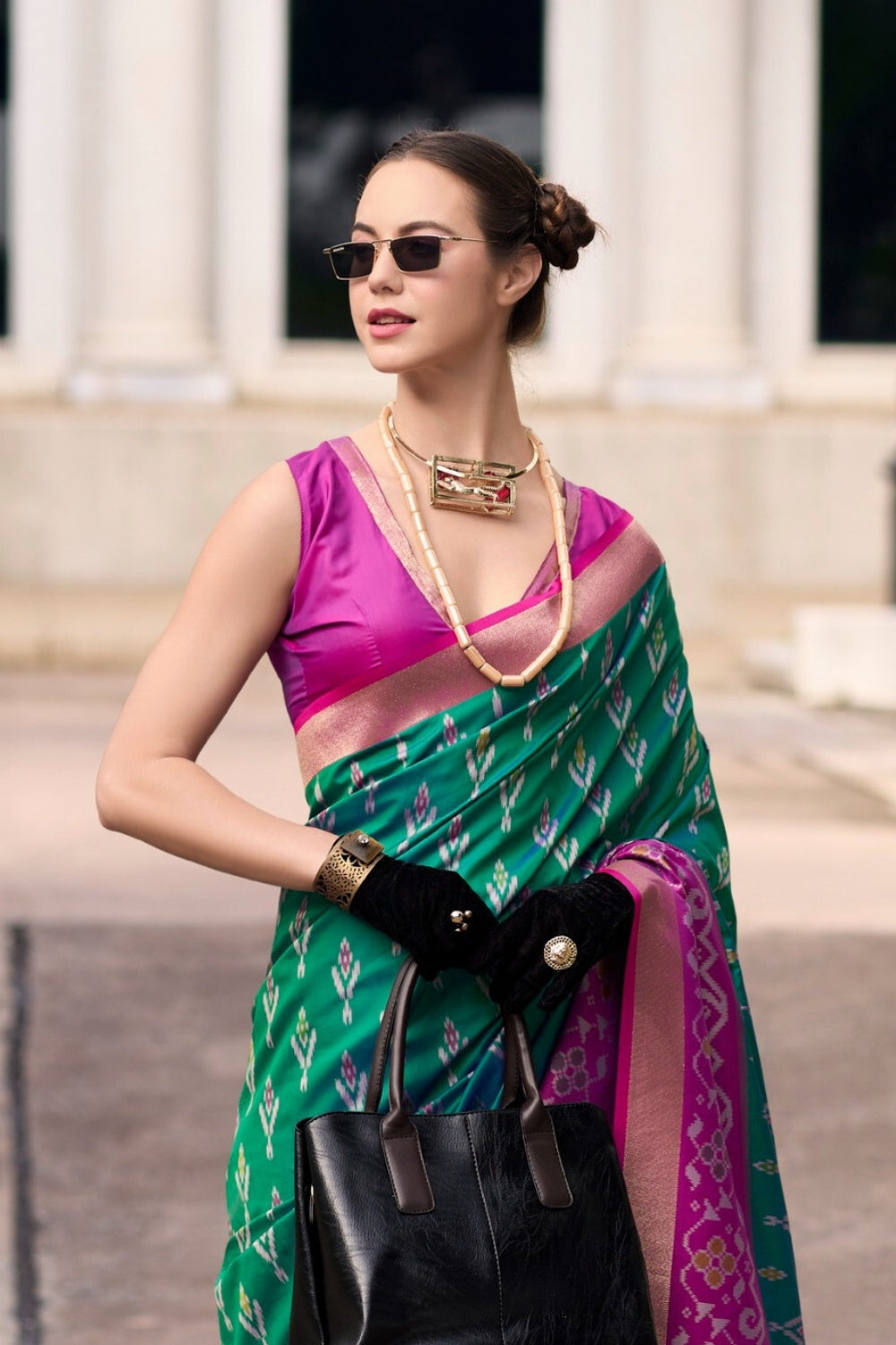 Green Soft Silk With Ikkat Border Saree