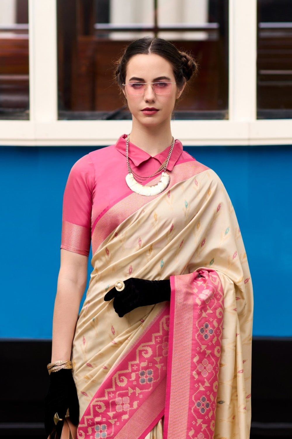 Beige Soft Silk With Ikkat Border Saree