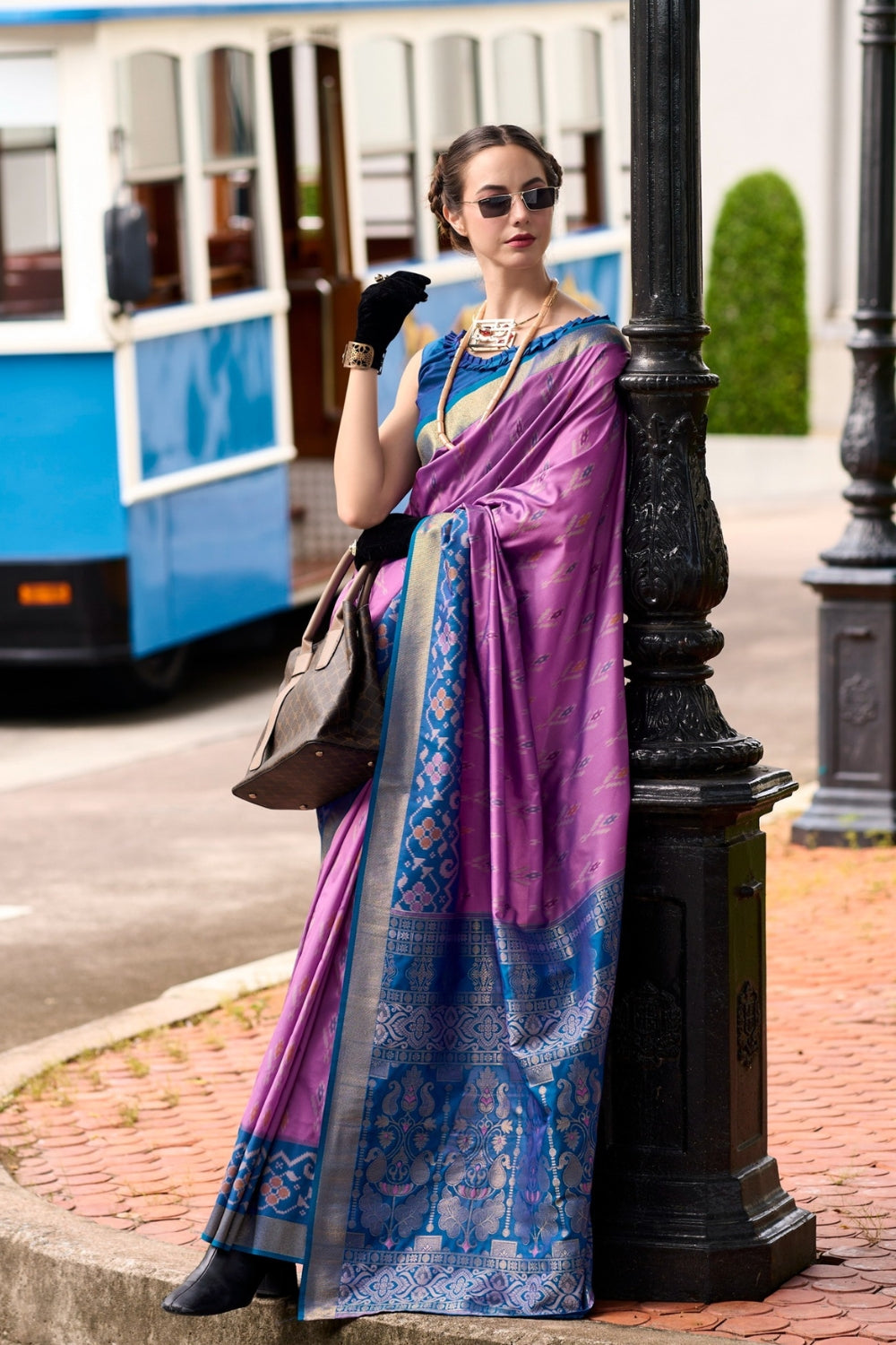 Lavender Soft Silk With Ikkat Border Saree