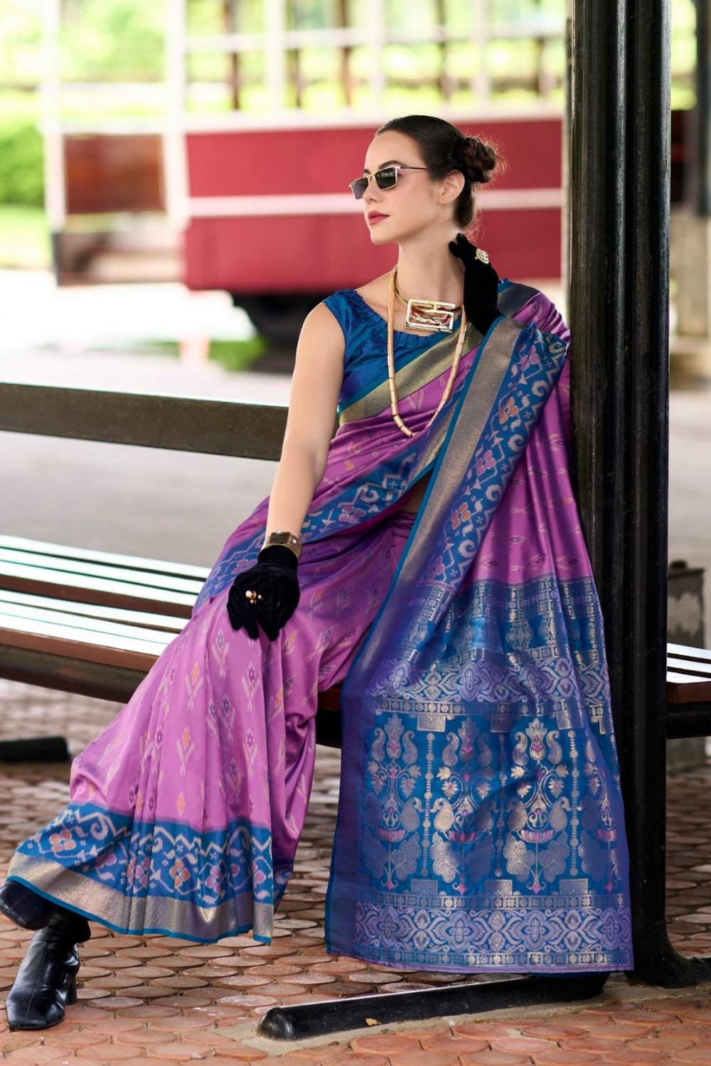 Lavender Soft Silk With Ikkat Border Saree