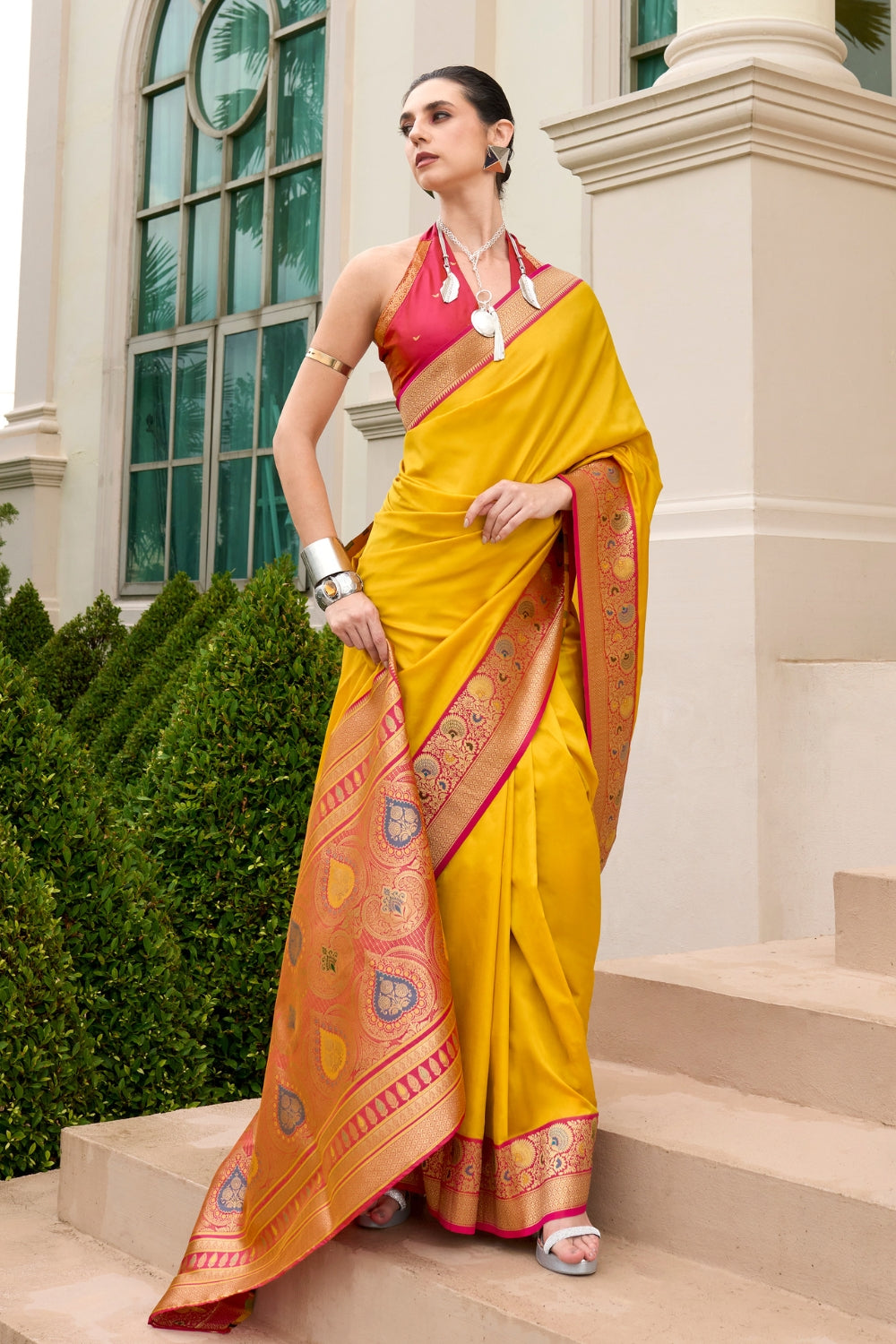 Mustard Pure Banarasi Soft Silk Saree
