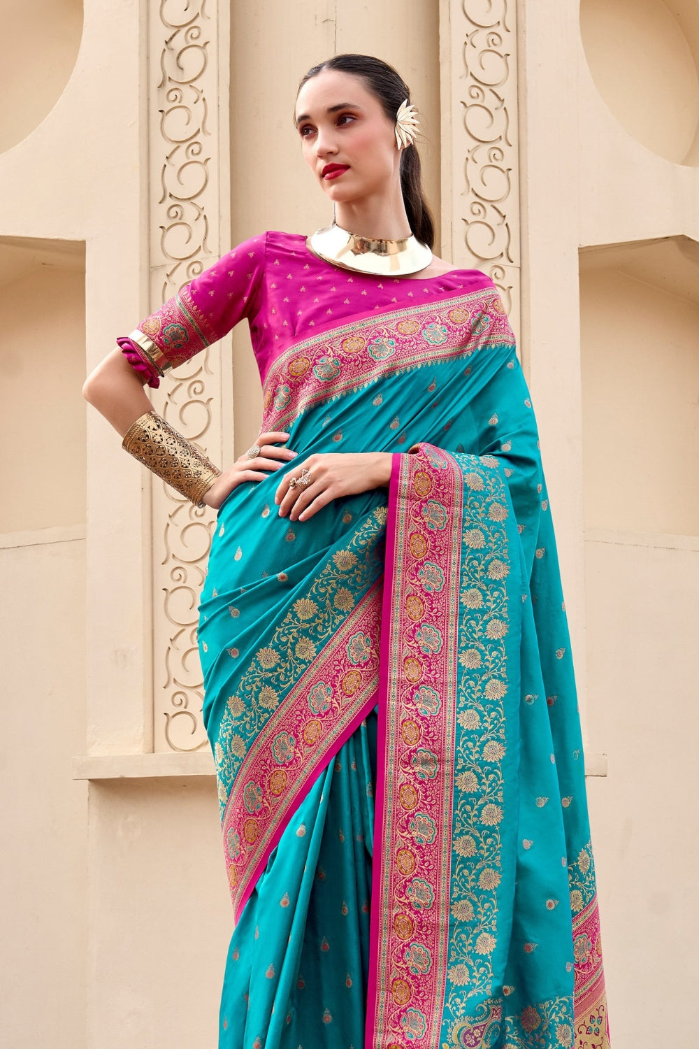 Teal Banarsi Silk Saree