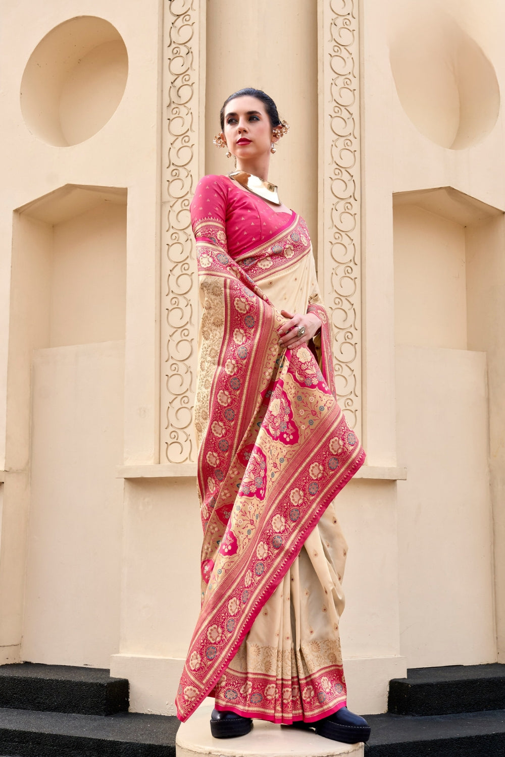 Cream Banarsi Silk Saree