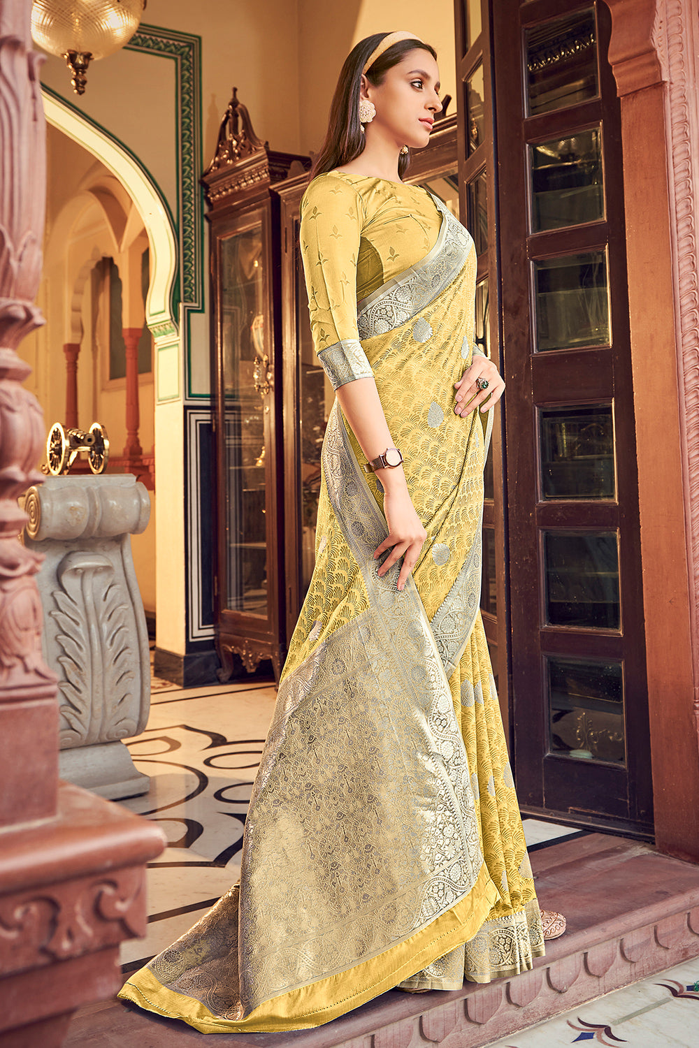 Lemon Yellow Banarasi Satin Saree