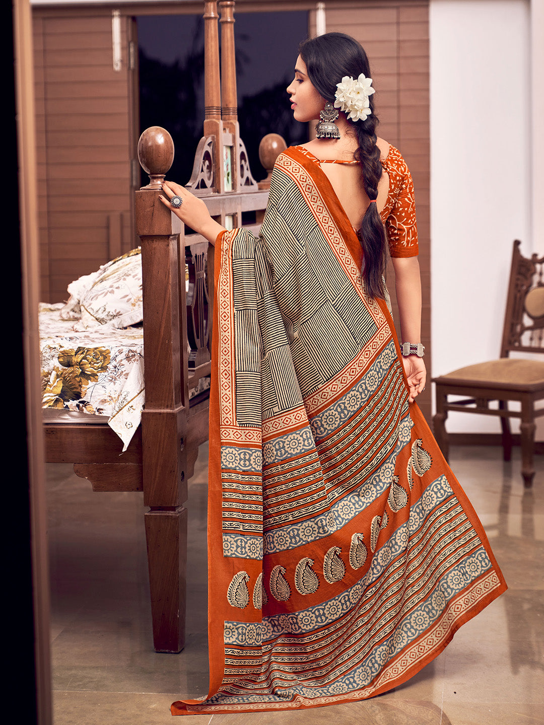 Orange And Black Mulmul Cottons Saree