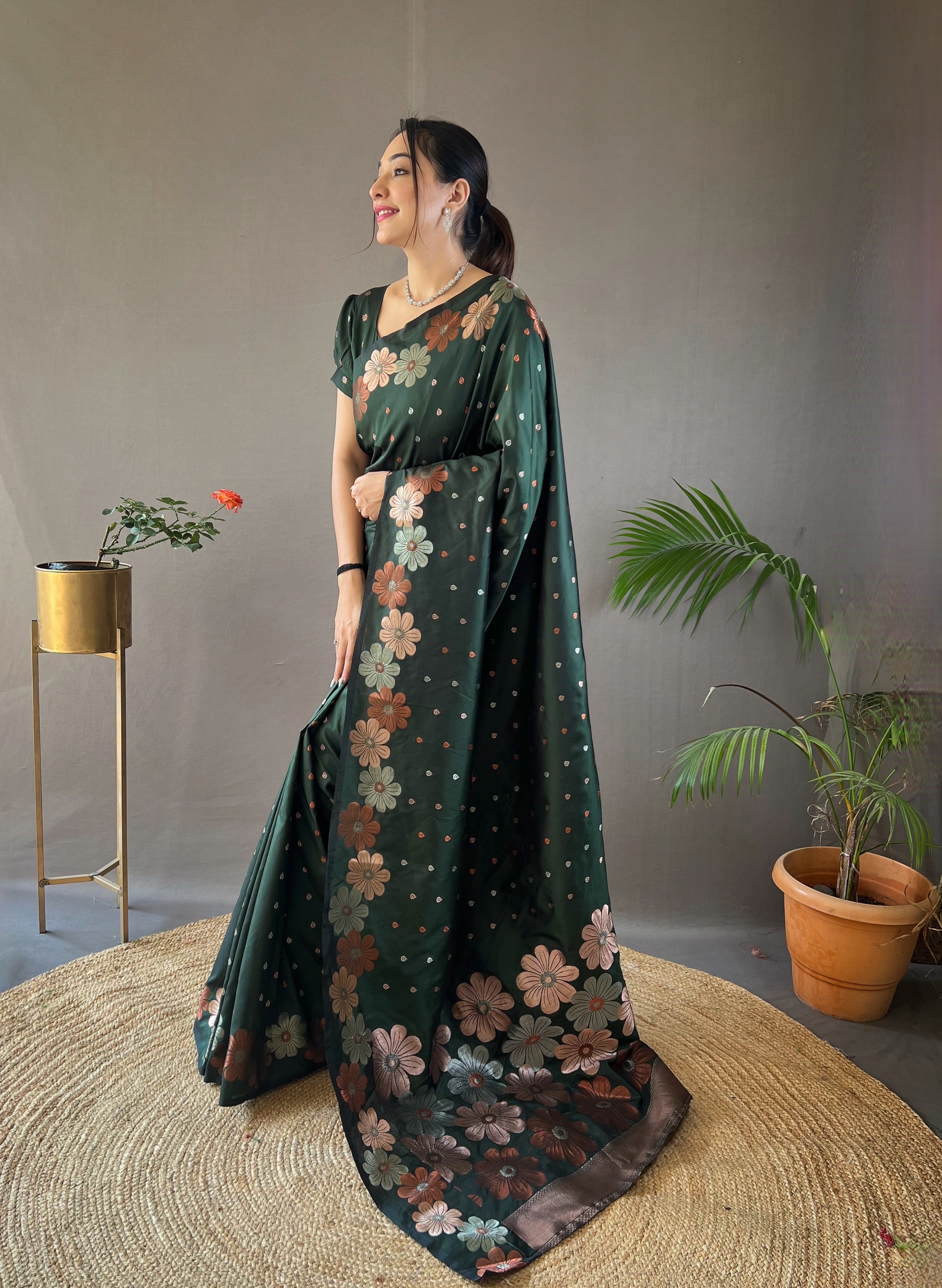 BOTTLE GREEN Pure soft silk SAREE