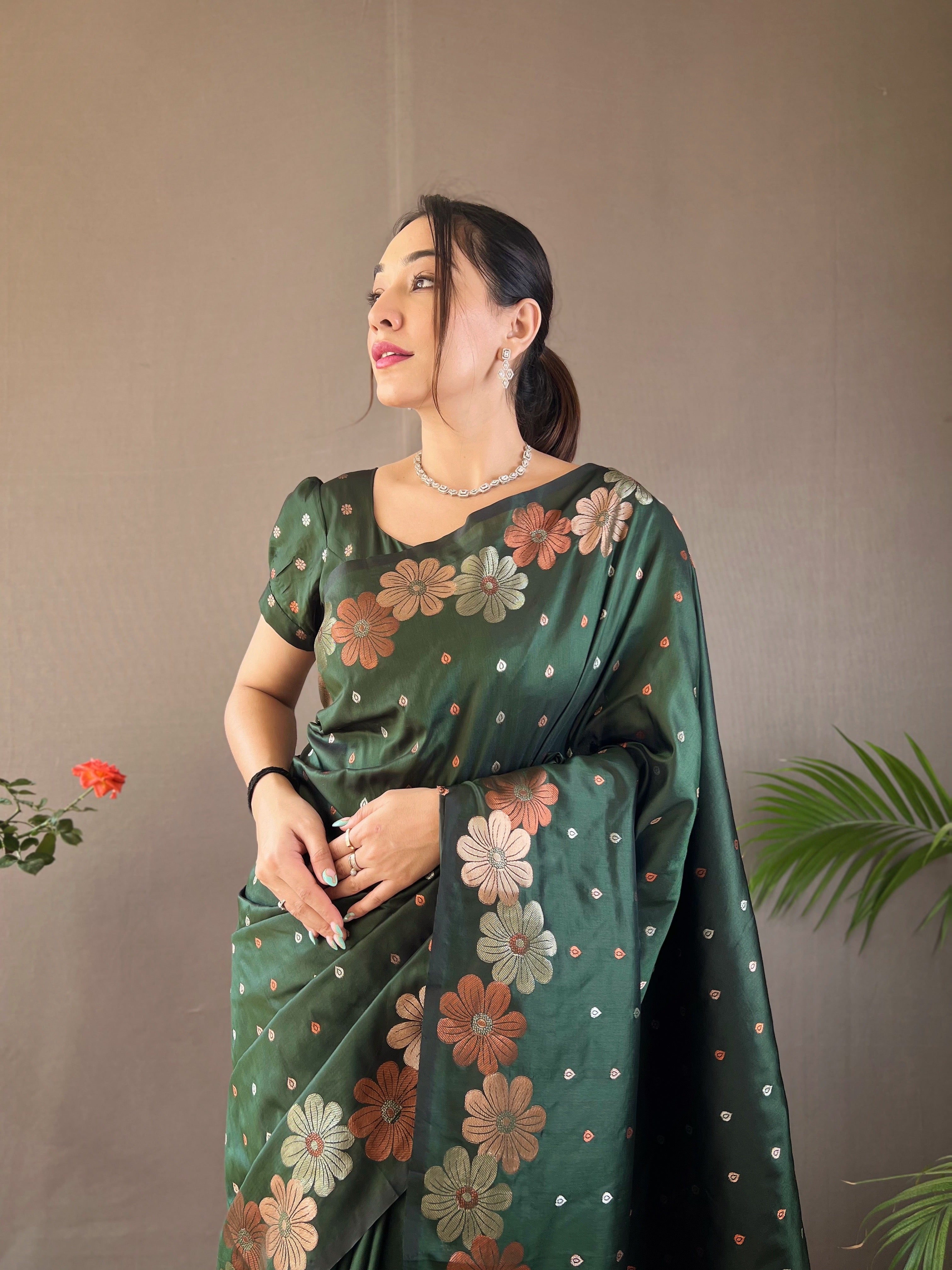 BOTTLE GREEN Pure soft silk SAREE
