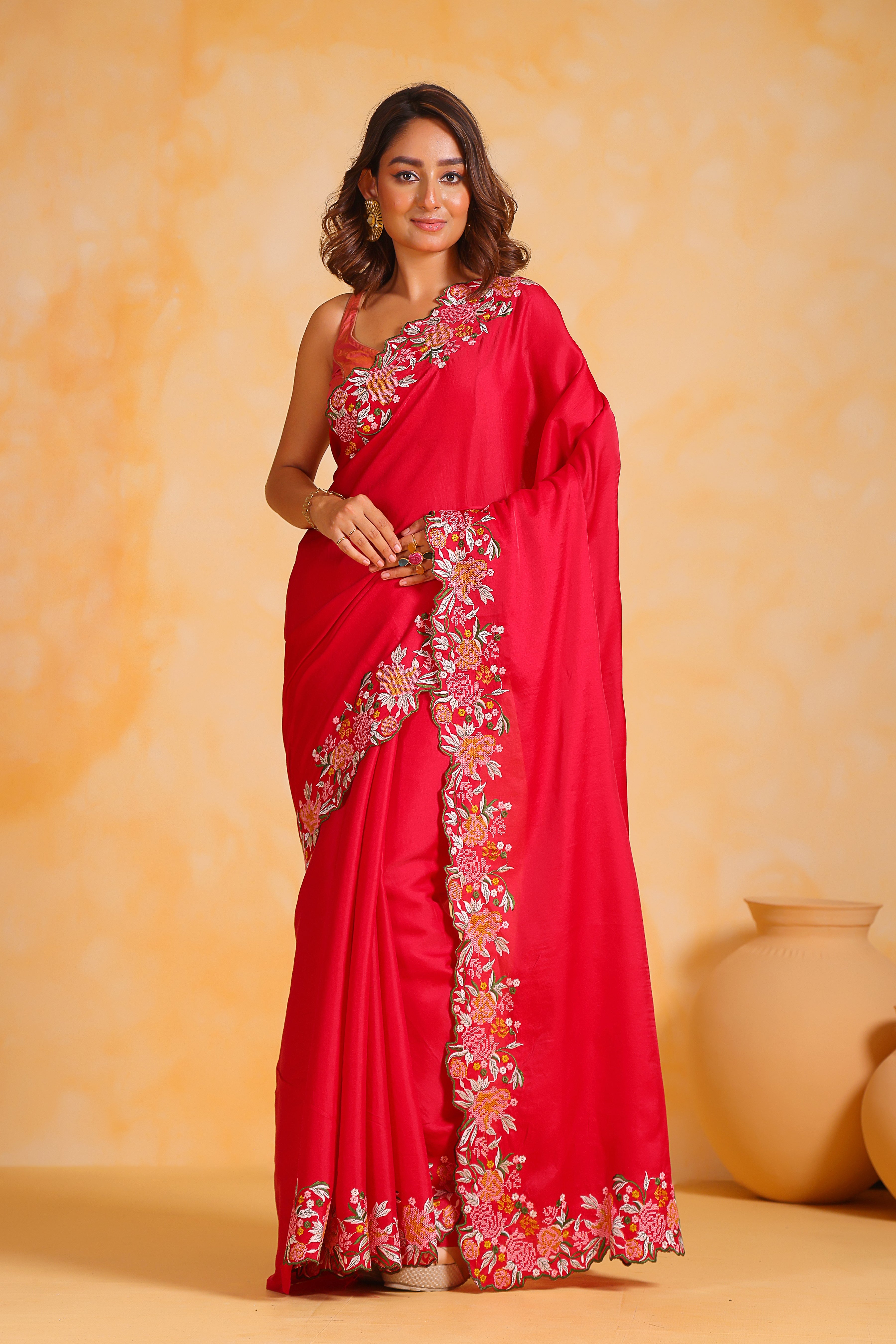 Red Tussar silk Saree With Tussar silk Blouse