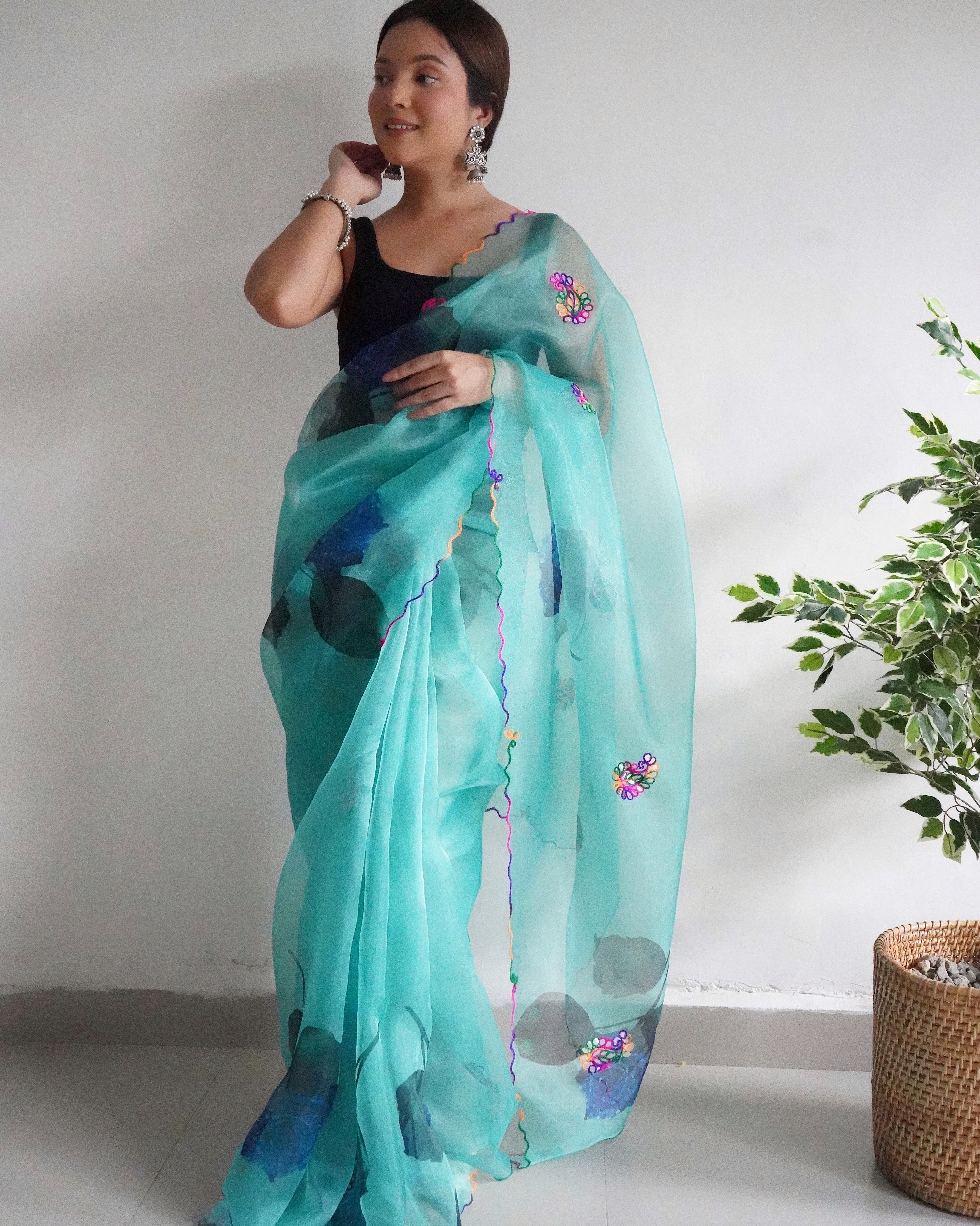 Sky Organza Saree With Satin Benglori Blouse