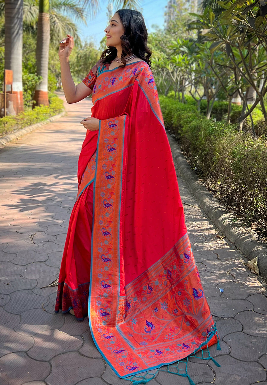 Cherry Red Paithani Saree