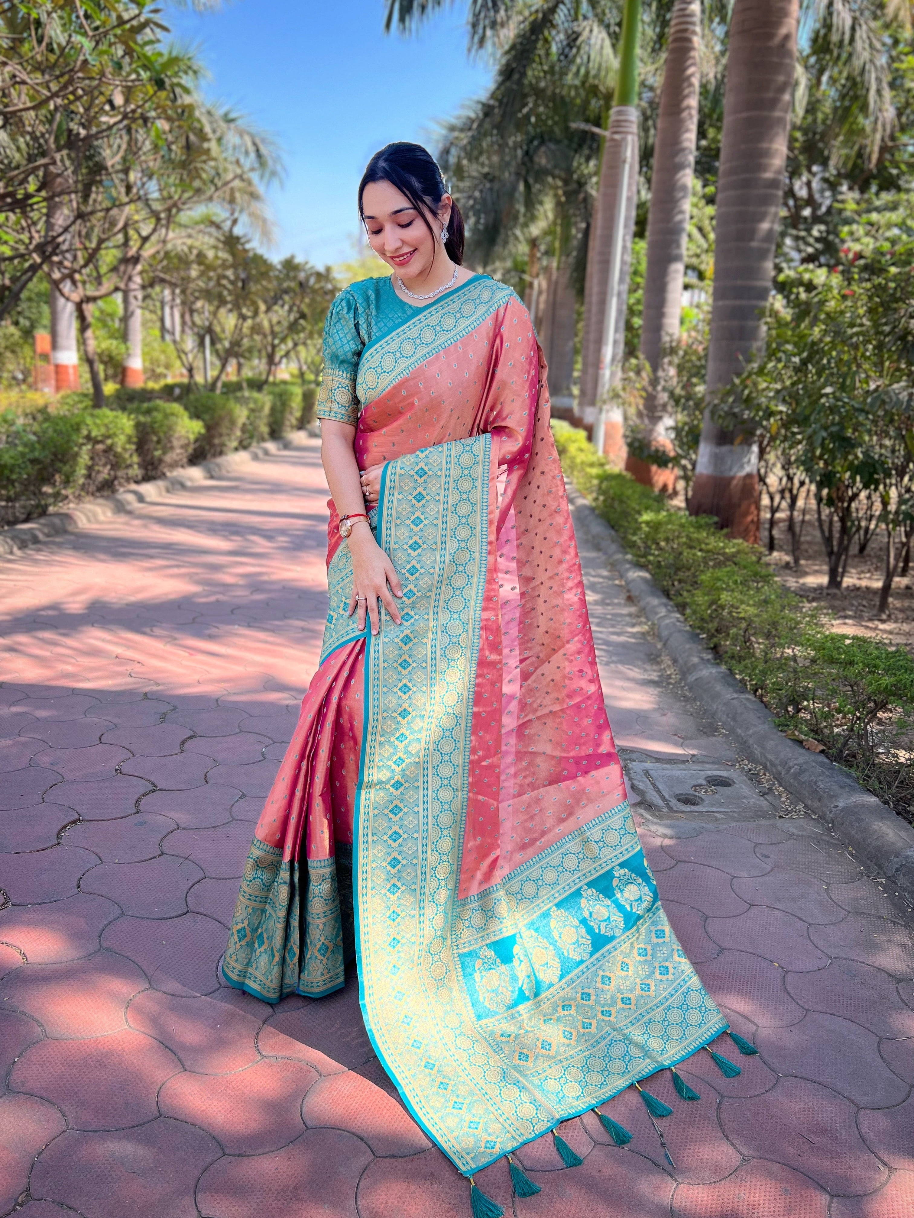 Blush Pink Tissue Zari Woven Saree
