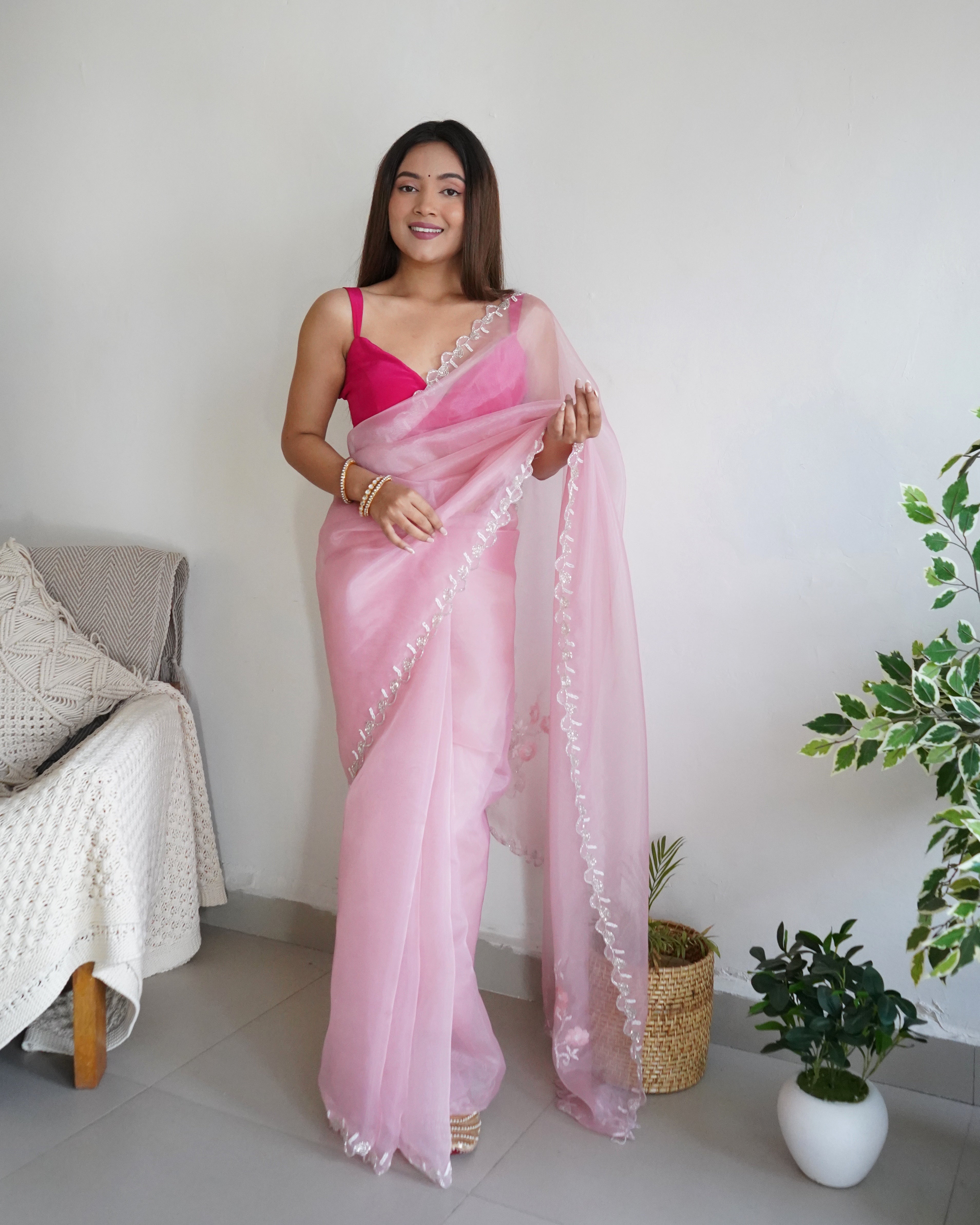 Peach Organza Saree With Chikankari Blouse