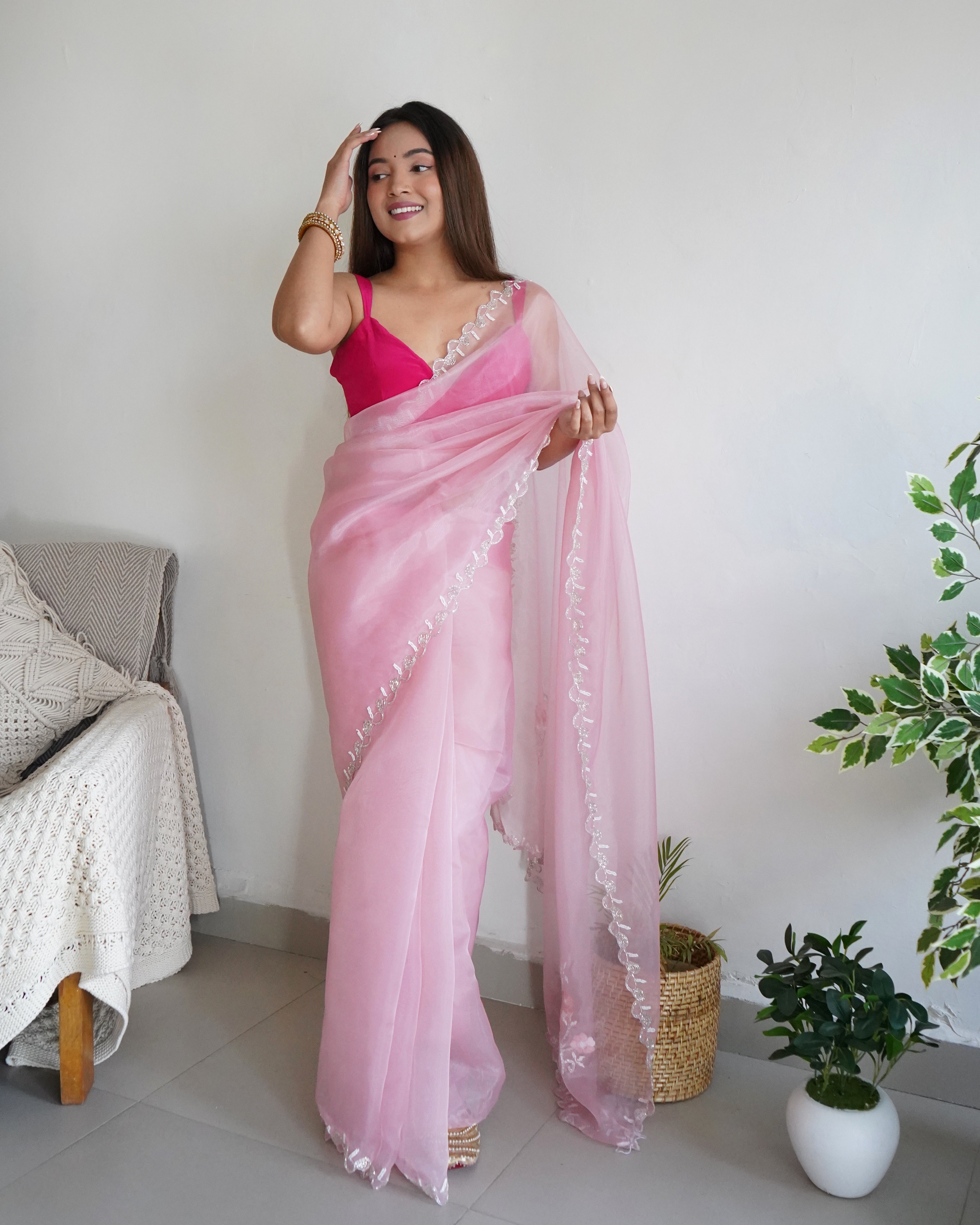 Peach Organza Saree With Chikankari Blouse