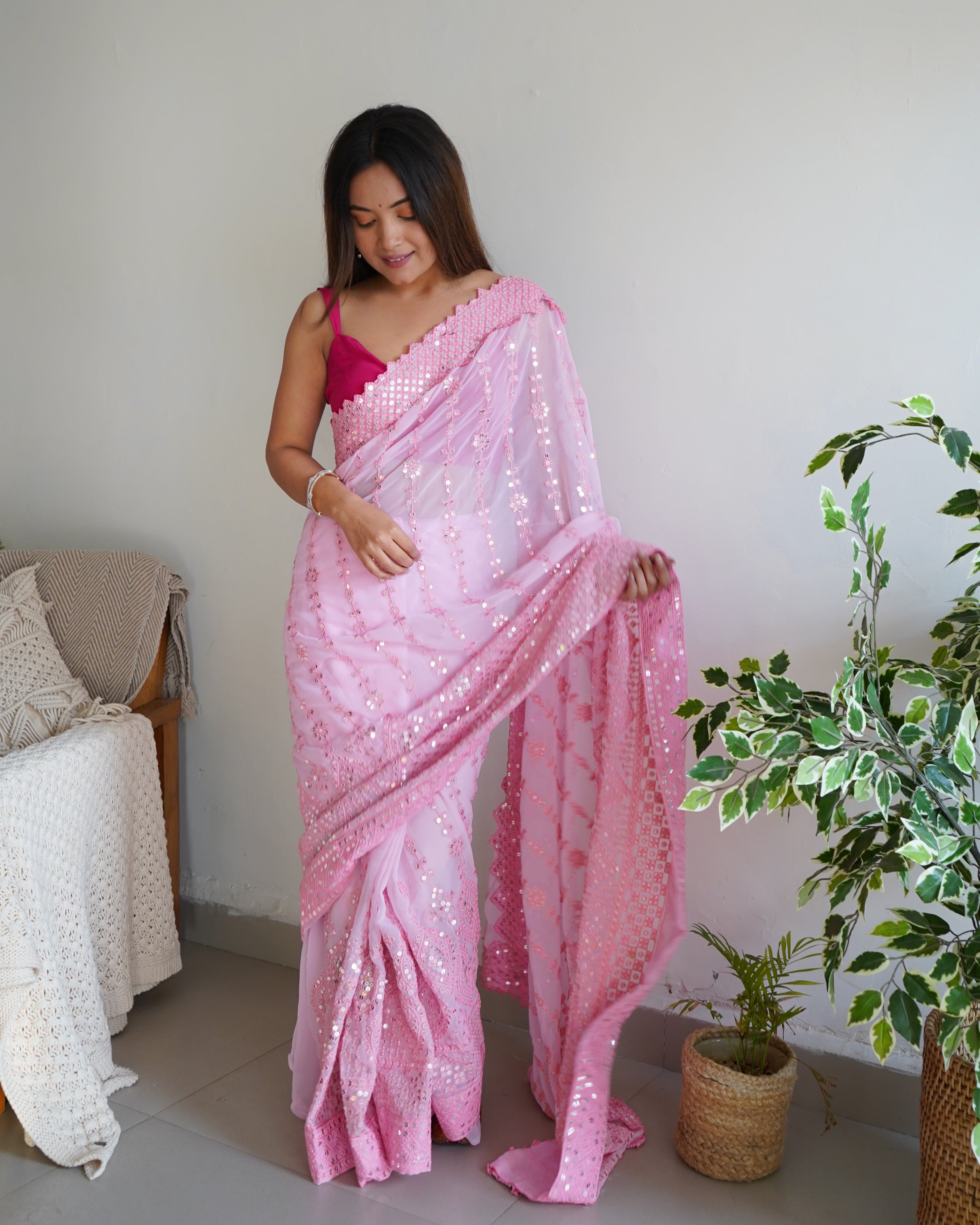Pink Georgette Saree With Banglori sattin silk work Blouse