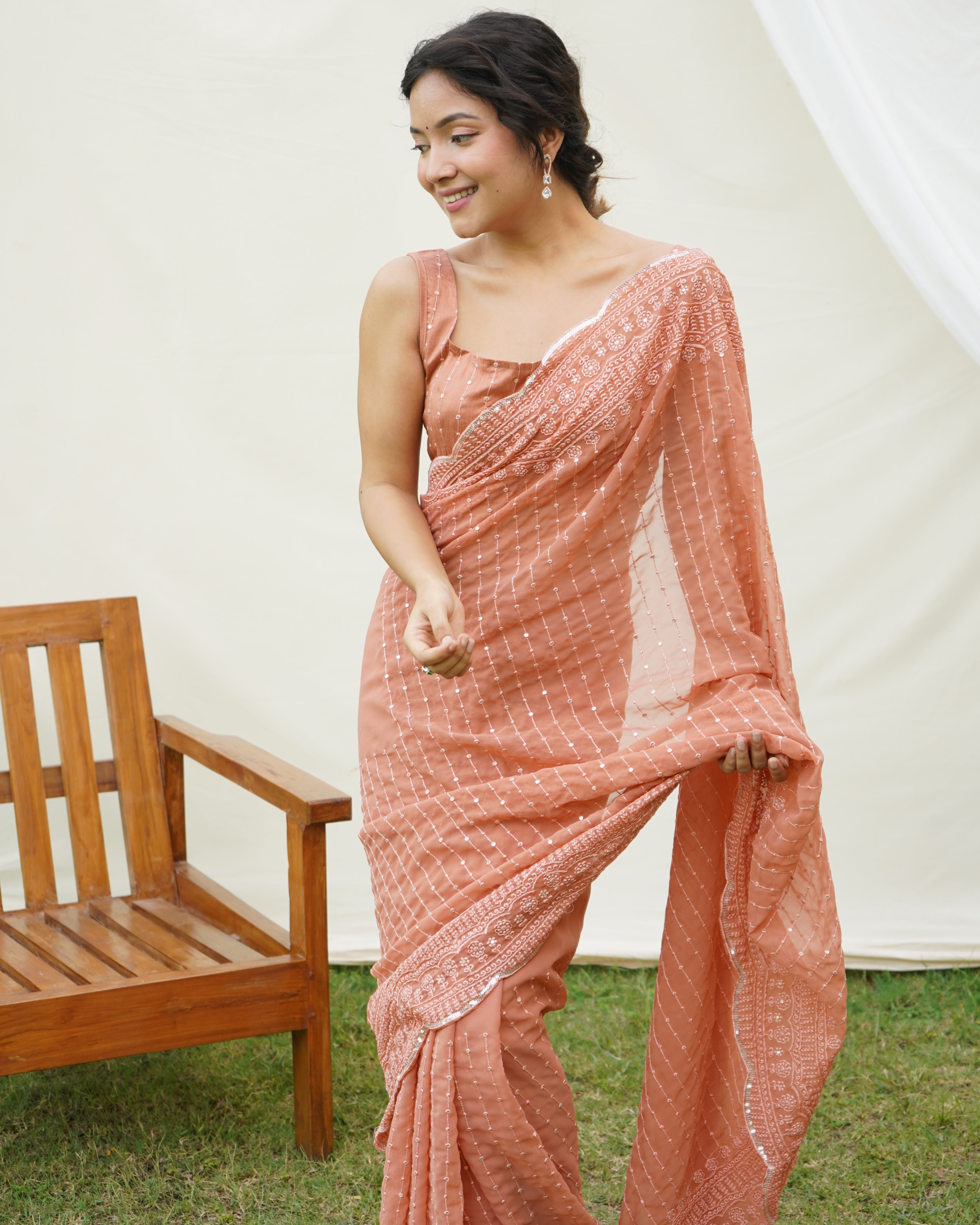 Orange Georgette Saree With Sattin Benglori Blouse