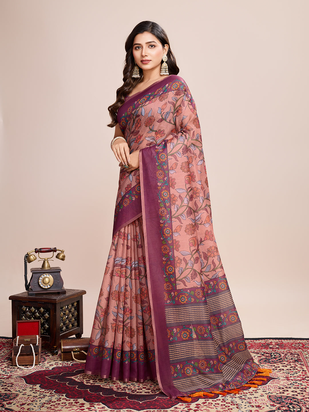 OFF ORANGE SEMI LINEN SAREE