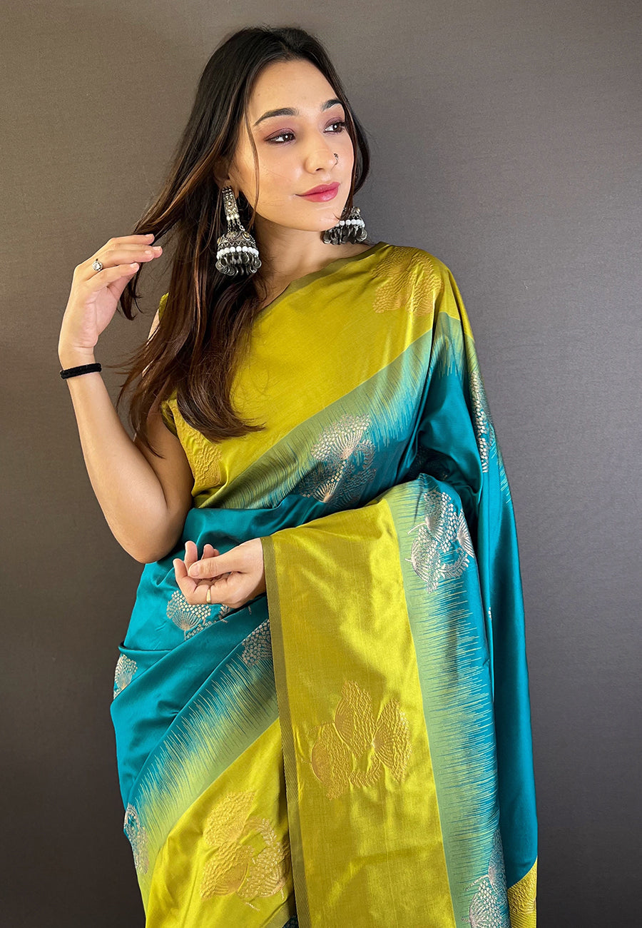 BLUE WITH GREEN SOFT SILK SAREE WITH ZARI WOVEN