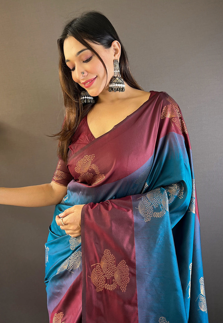 MAROON AND BLUE SOFT SILK SAREE WITH ZARI WOVEN