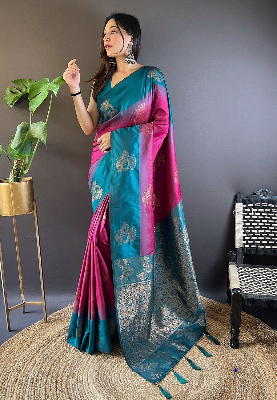 PINK AND BLUE SOFT SILK SAREE WITH ZARI WOVEN