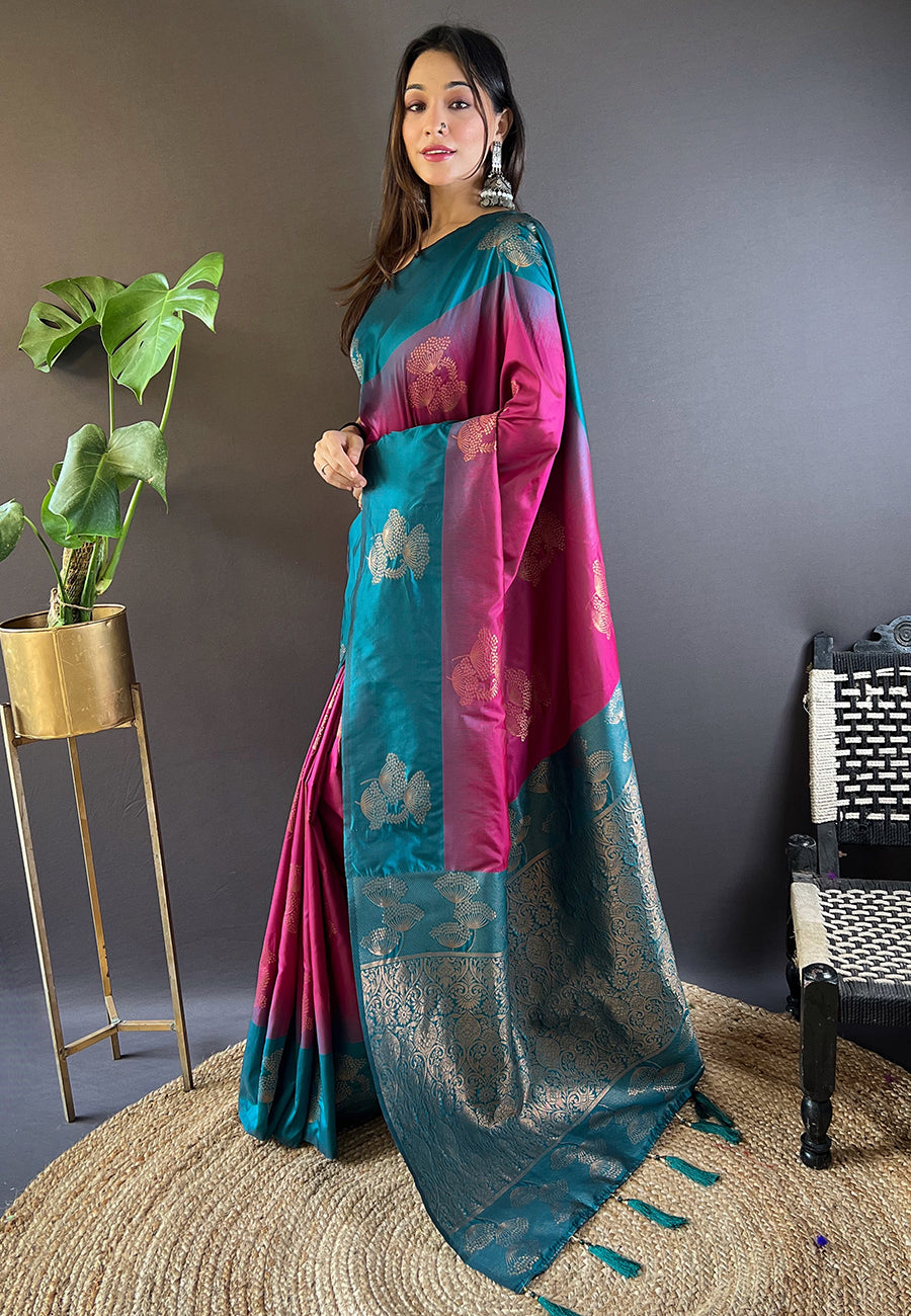 PINK AND BLUE SOFT SILK SAREE WITH ZARI WOVEN