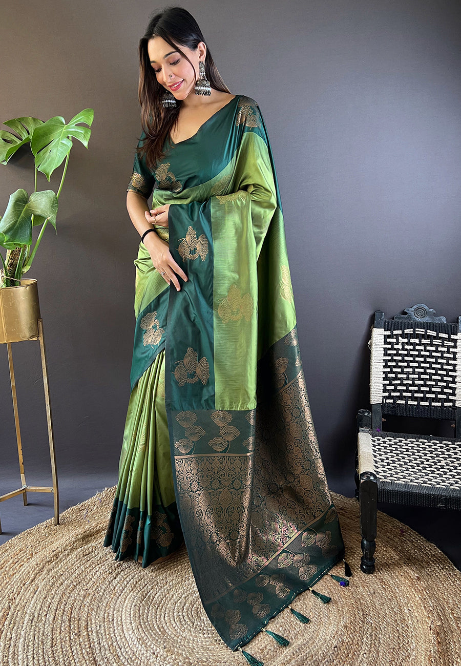 MEHANDI AND GREEN SOFT SILK SAREE WITH ZARI WOVEN