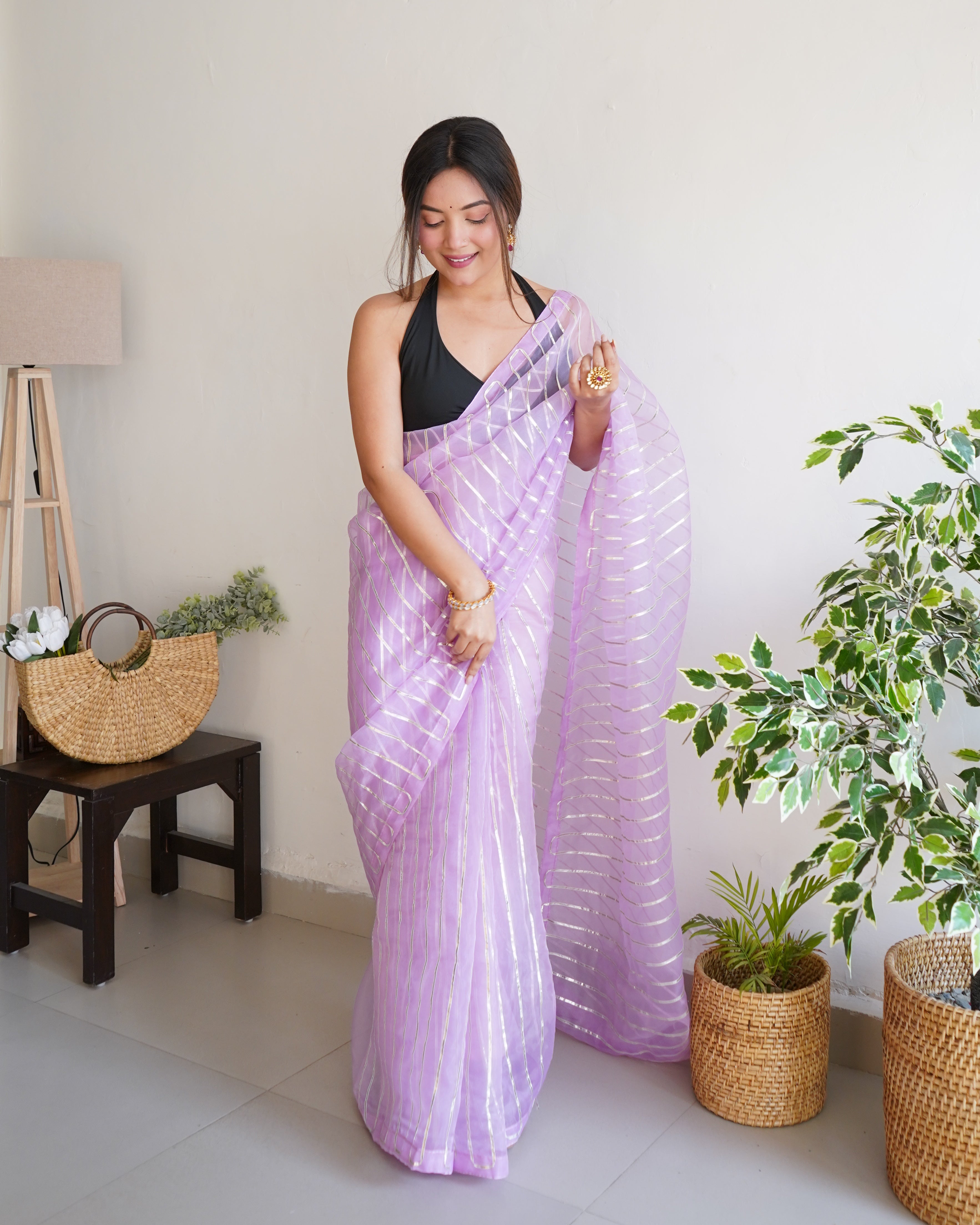 Lavender Organza Silk Saree With Sattin Benglori Blouse